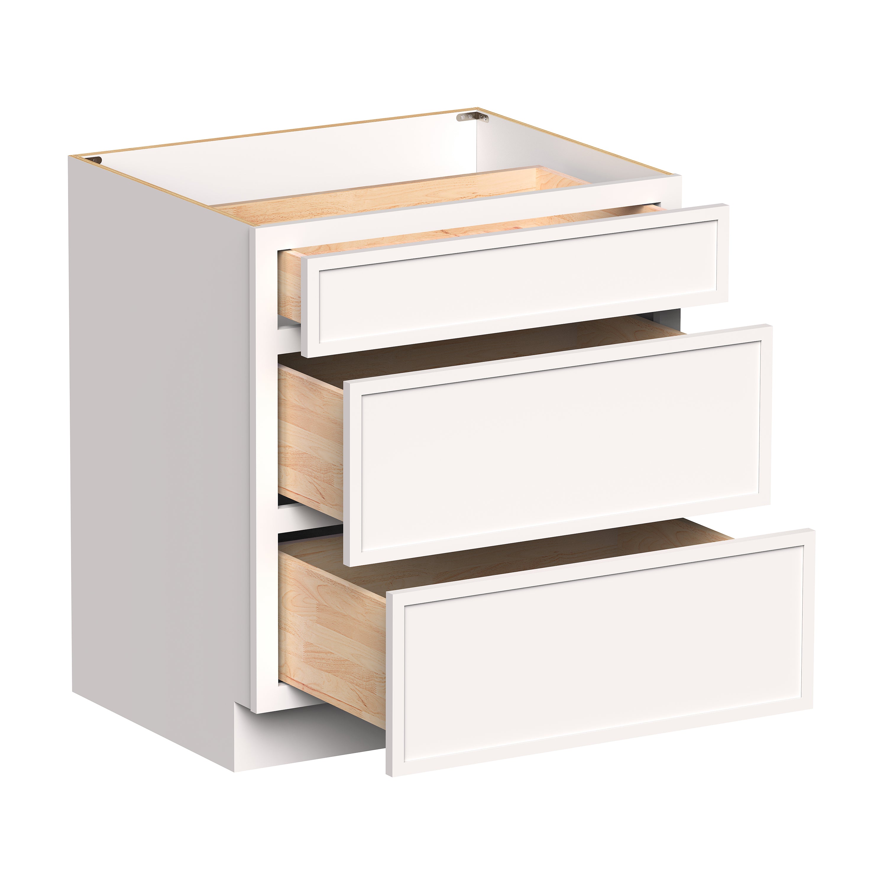 Slim Shaker Alabaster RTA 12"- 36"W x 24"D x 34.5"H Drawer Base Cabinets With 3 Drawers