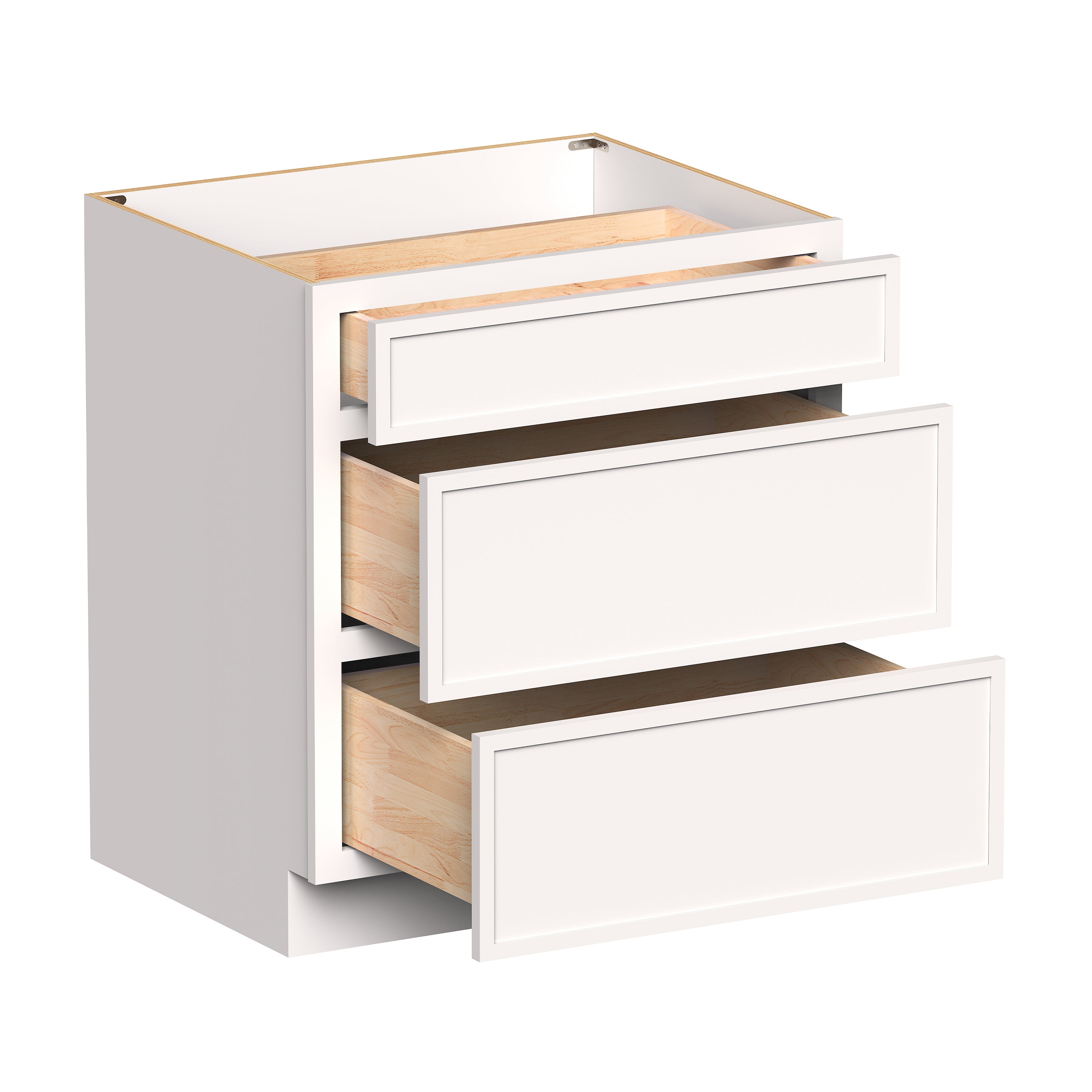 Slim Shaker Alabaster RTA 12"- 36"W x 24"D x 34.5"H Drawer Base Cabinets With 3 Drawers