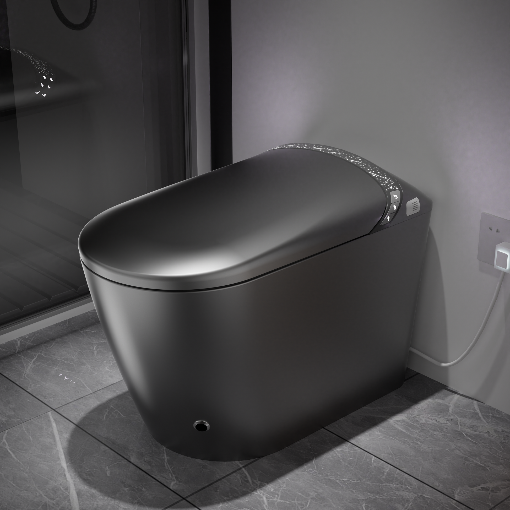 Smart Toilet with Warm Water & Dryer, Bidet Built In,  Auto Open/Close Seat, Foot Sensor, LED Display, Starry Night Light, Matte Grey