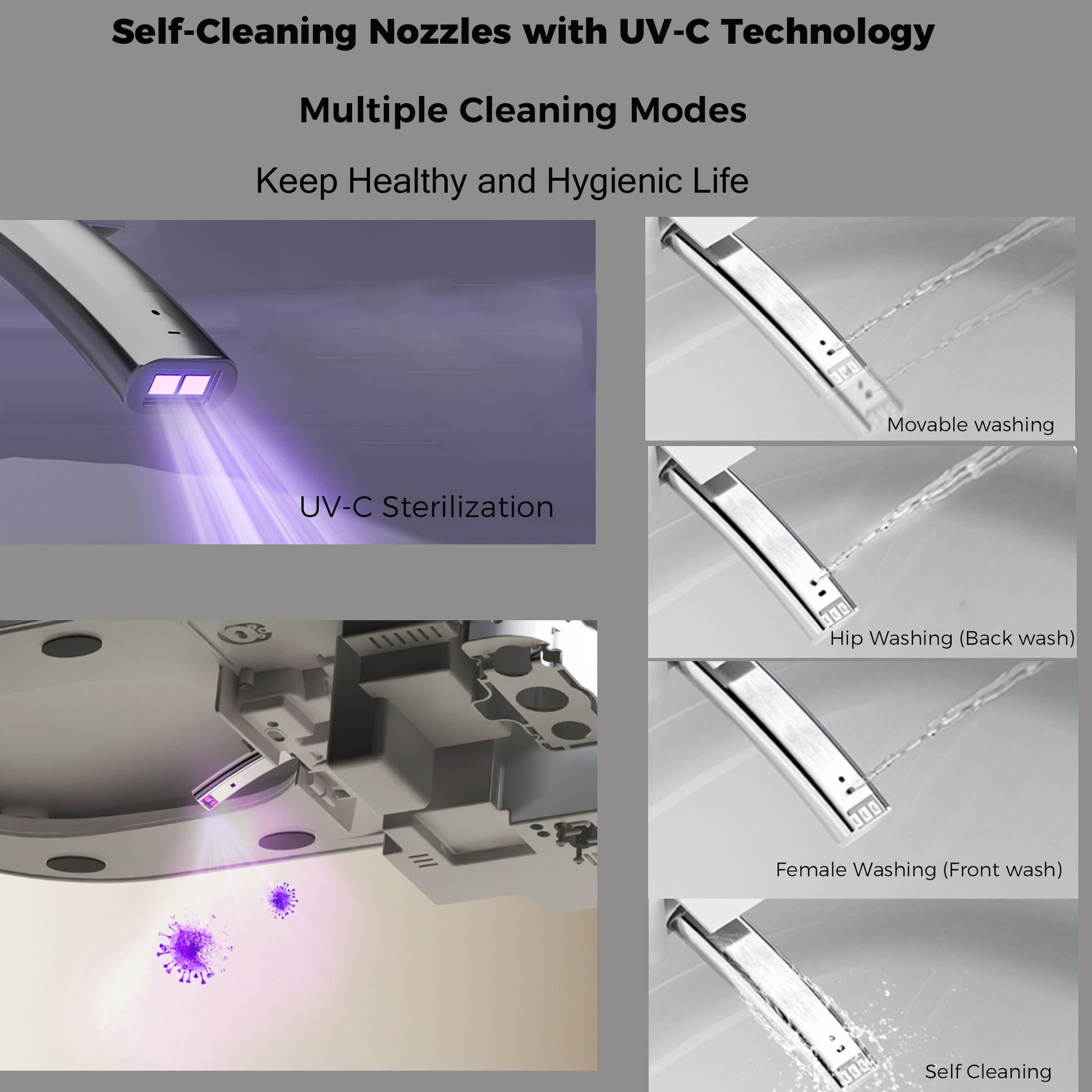 Smart Toilet with Warm Water & Dryer, Bidet Built In,  Auto Open/Close Seat, Foot Sensor, LED Display, Starry Night Light, Matte Grey