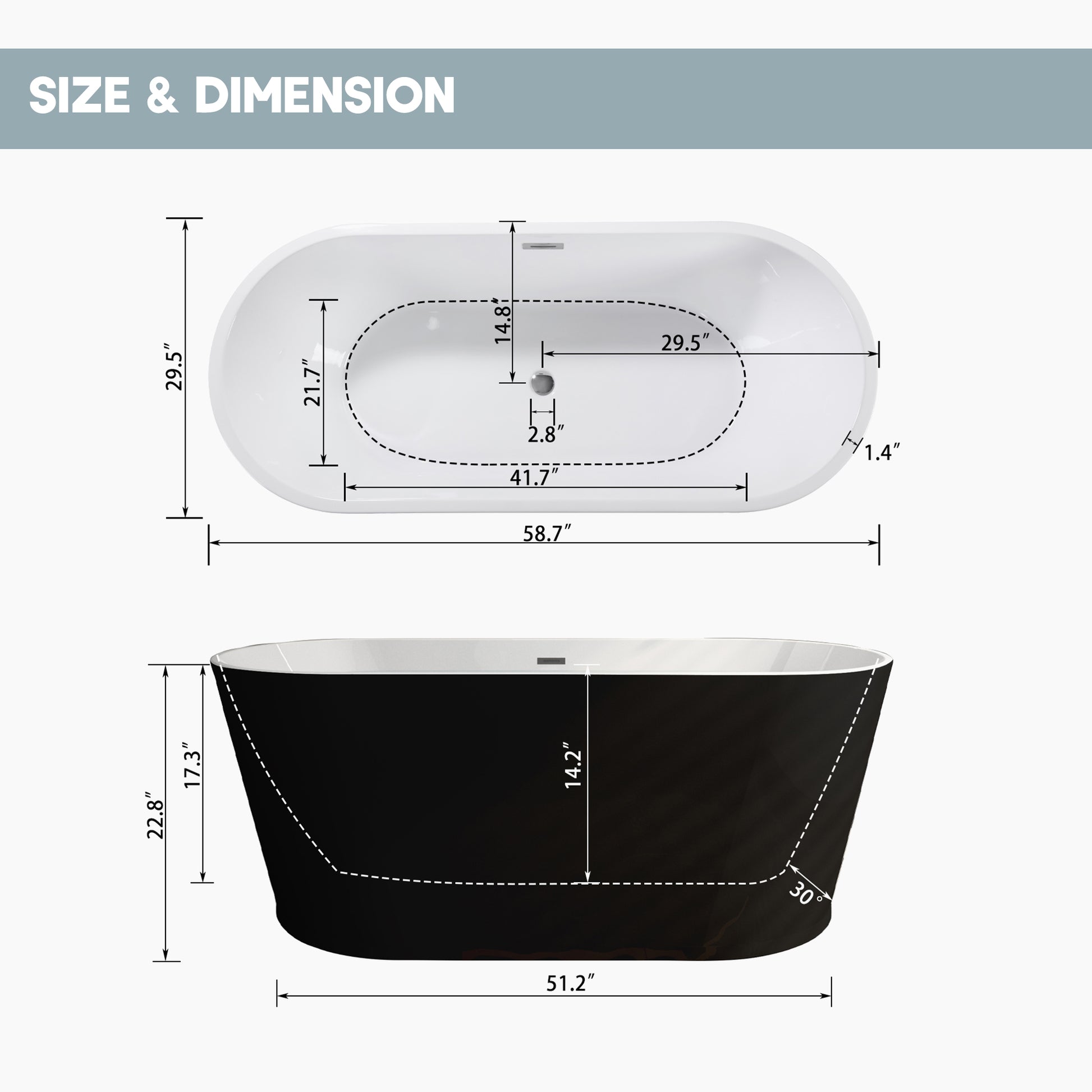 59"/67" Acrylic Freestanding Bathtub with Chrome Drain and Overflow, Glossy White & Black