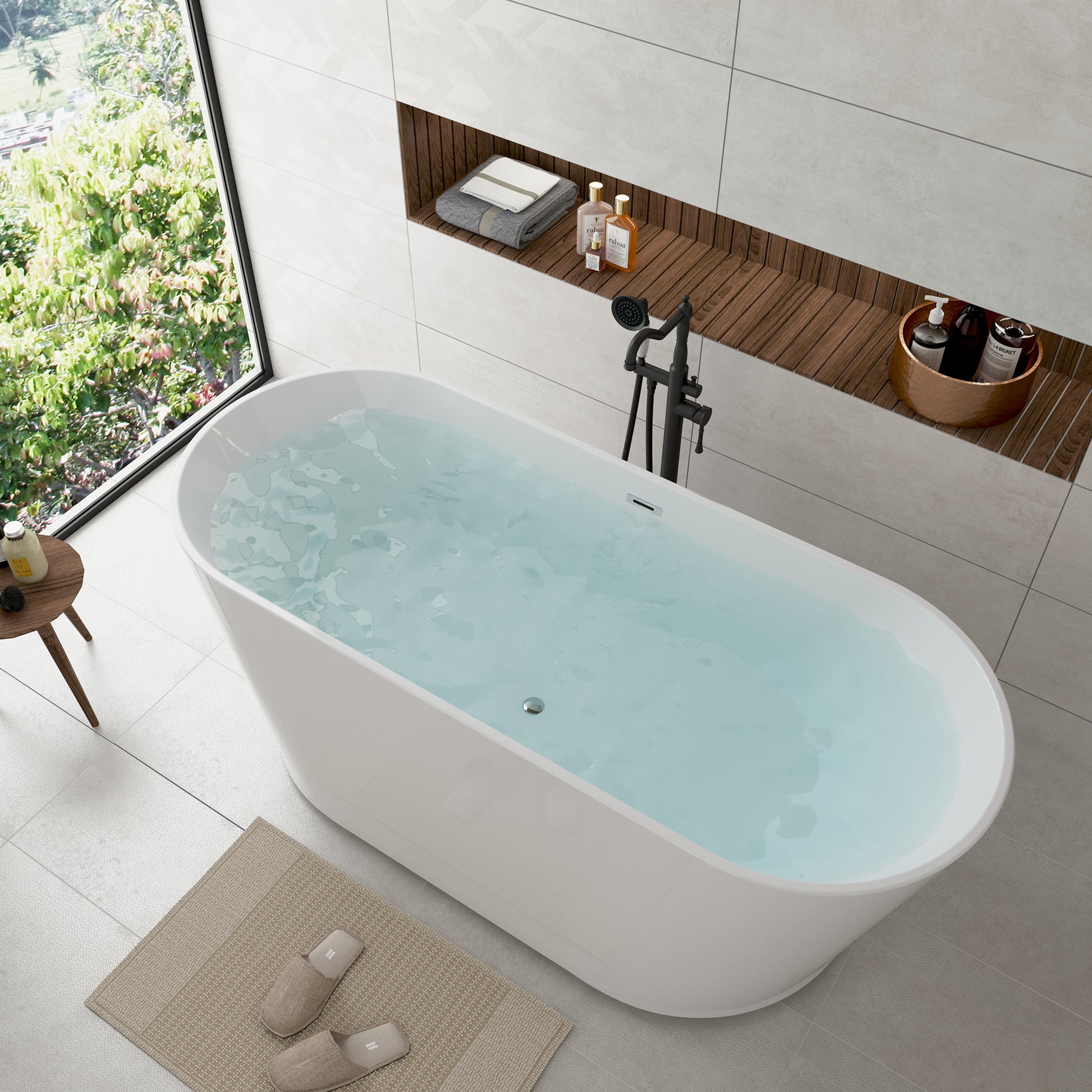 59"/67" Acrylic Freestanding Bathtub with Chrome Drain and Overflow, Glossy White & Black