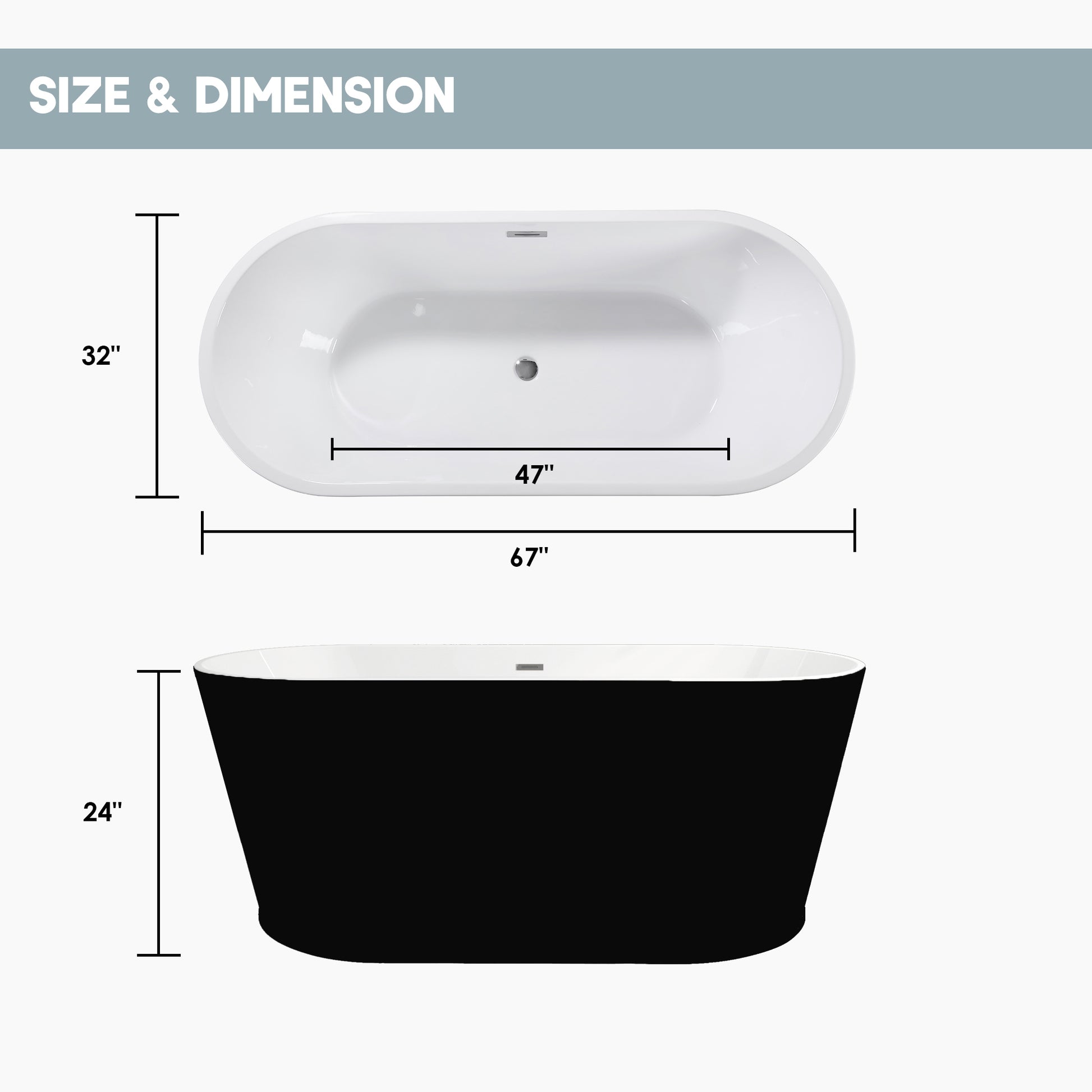 59"/67" Acrylic Freestanding Bathtub with Chrome Drain and Overflow, Glossy White & Black