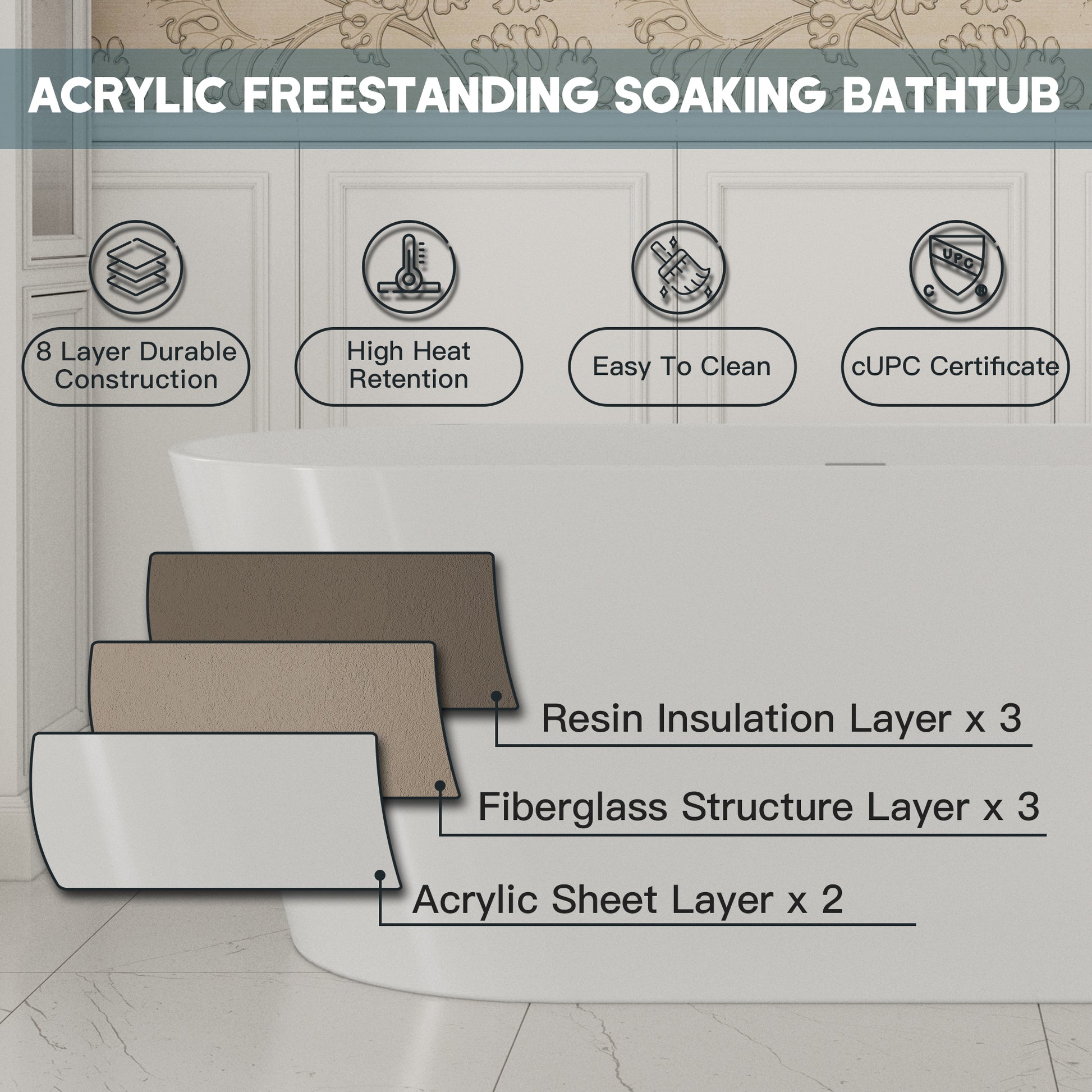 59"/67" Acrylic Freestanding Bathtub with Chrome Drain and Overflow, Glossy White & Black