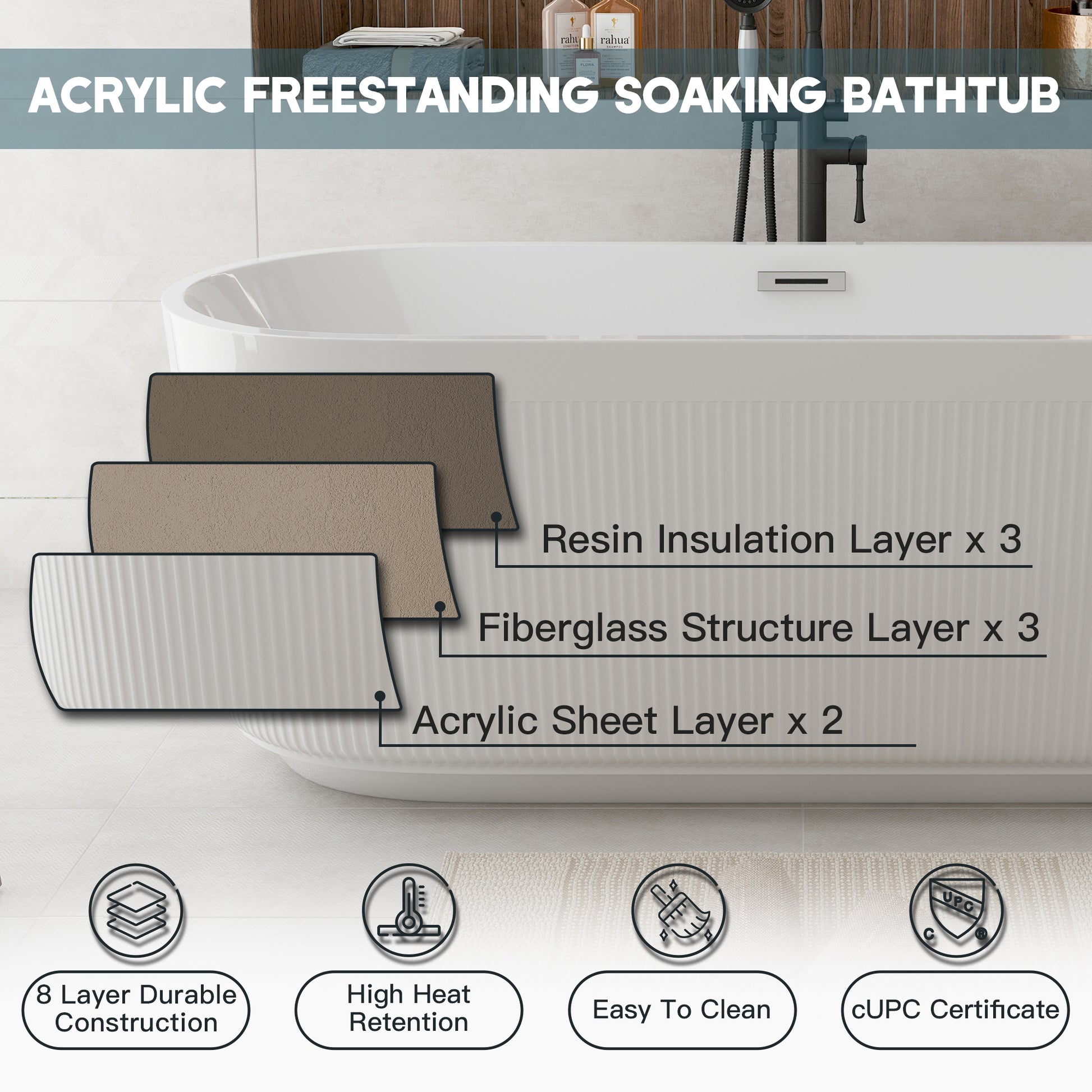 59"/67" Linear Acrylic Stand Alone Soaker Tub with cUPC Certified, Glossy White