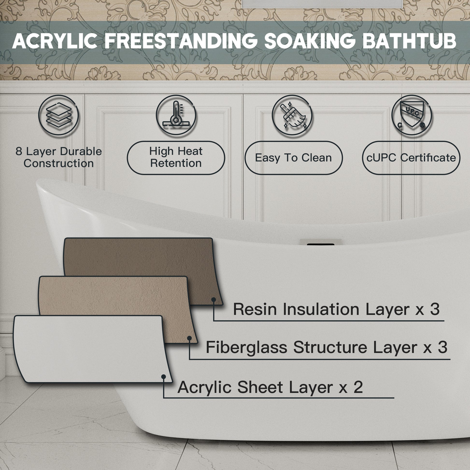 67" Acrylic Freestanding Twin Slipper Bathtub with Overflow and Pop-up Drain