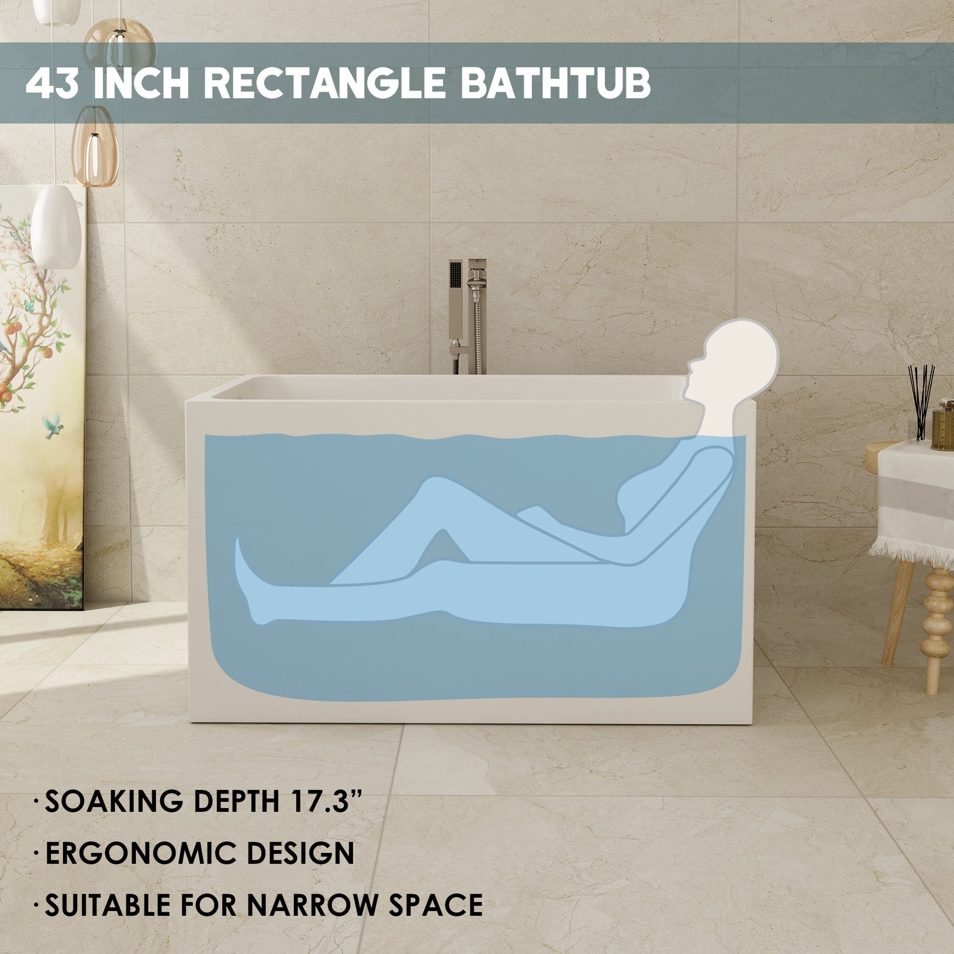 43" Gloss White Rectangule Acrylic Freestanding Bathtub with&without Built-in Seat