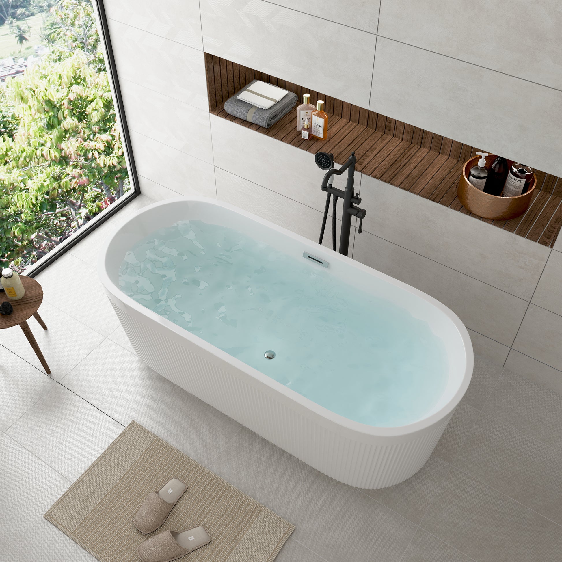 59"/69" Oval Acrylic Freestanding Bathtub with Unique Pleated Design