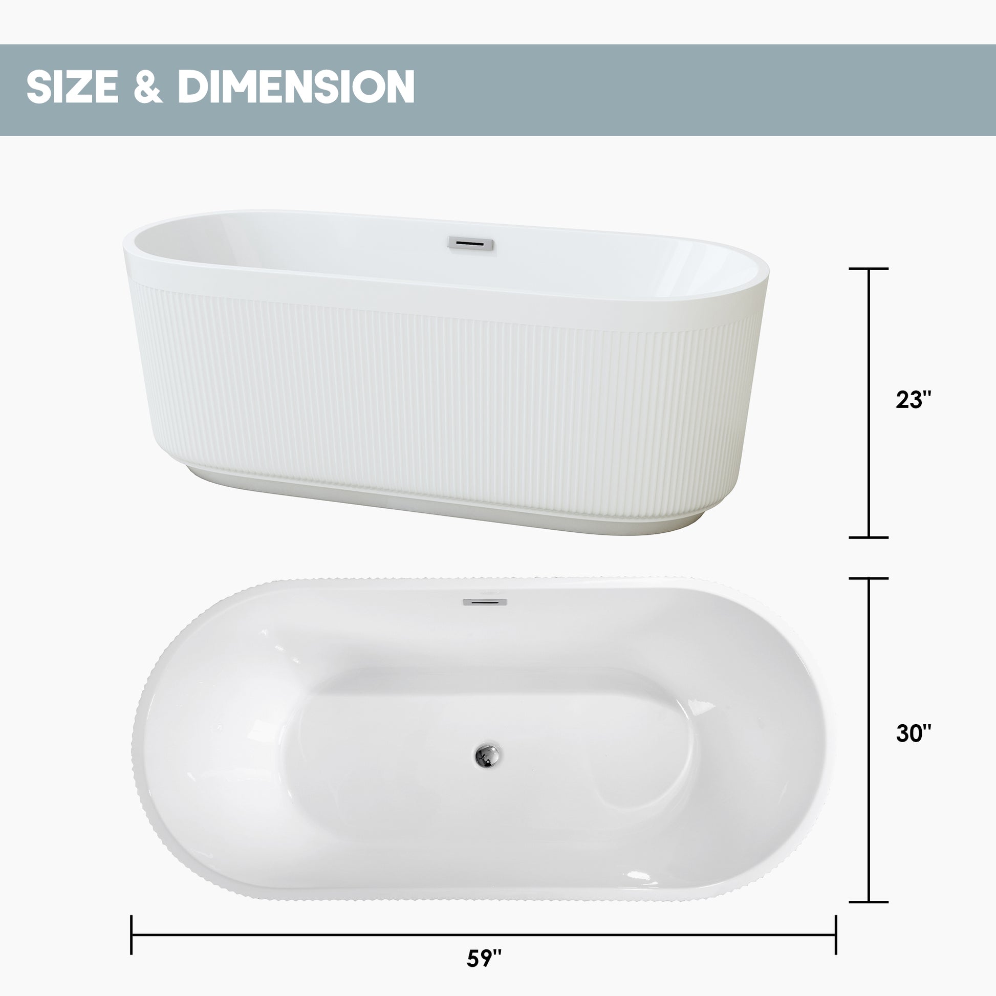 59"/69" Oval Acrylic Freestanding Bathtub with Unique Pleated Design