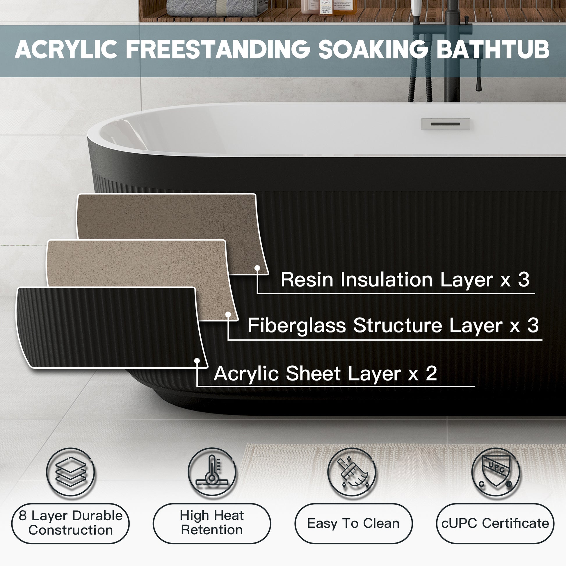 59"/69" Oval Acrylic Freestanding Bathtub with Unique Pleated Design