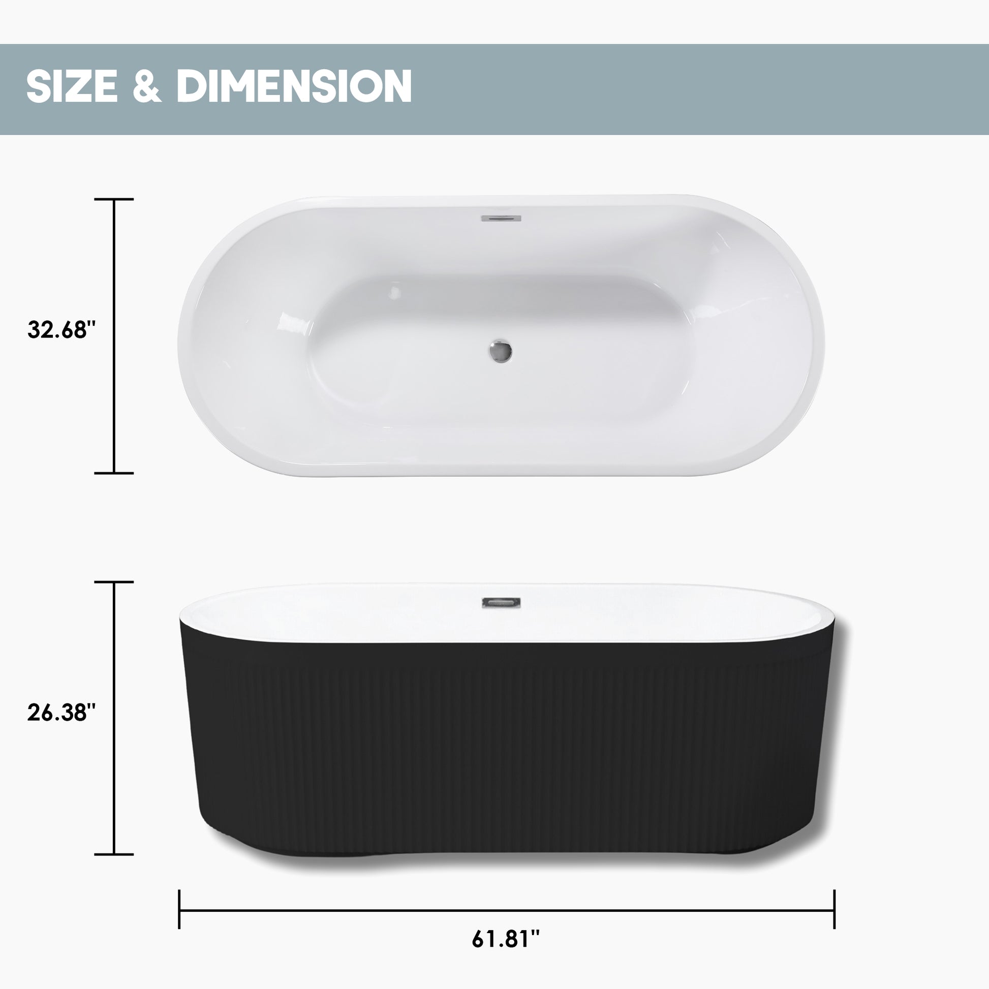 59"/69" Oval Acrylic Freestanding Bathtub with Unique Pleated Design