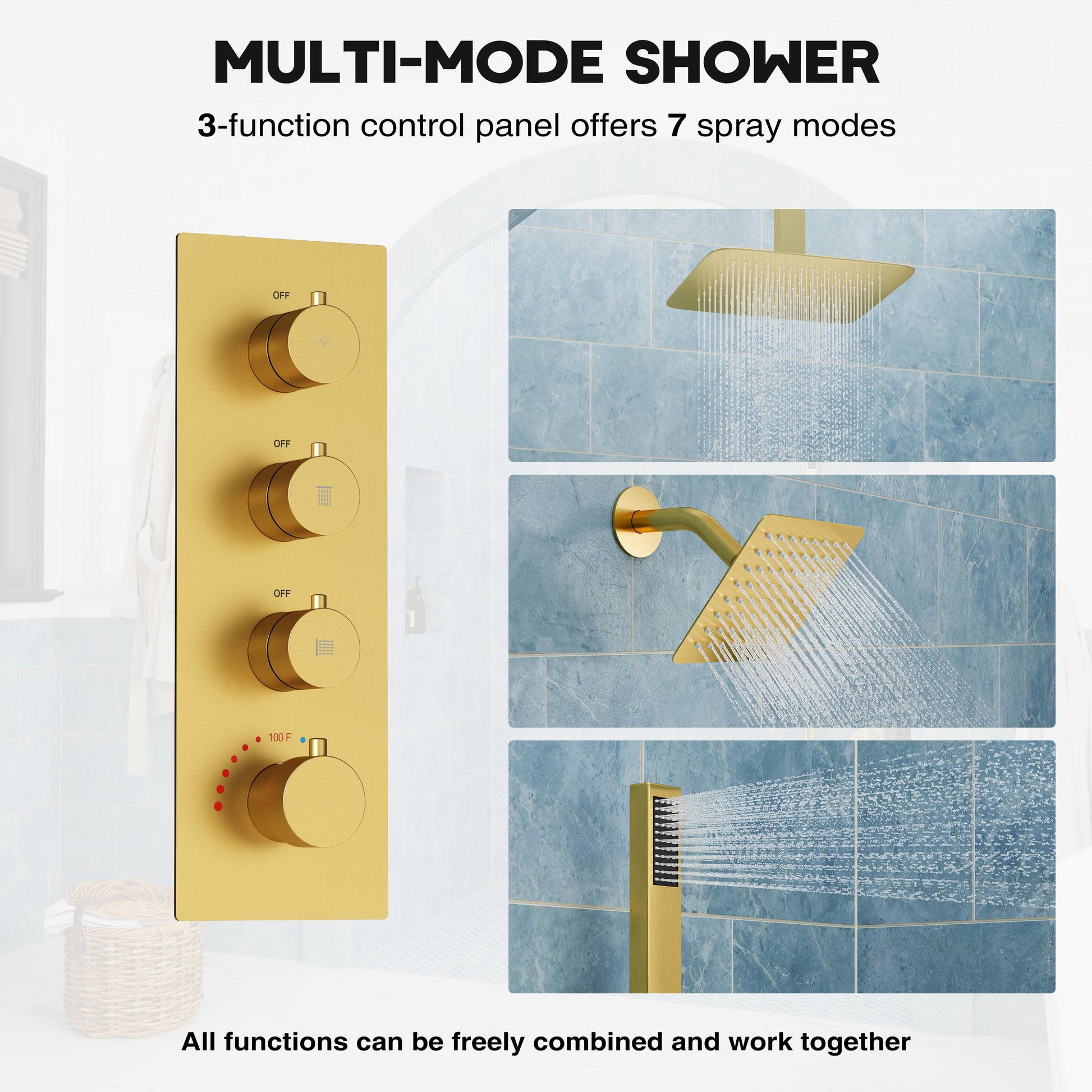 12-inch 3-Function Ceiling Mounted Thermostatic Shower System with Dual Shower Heads