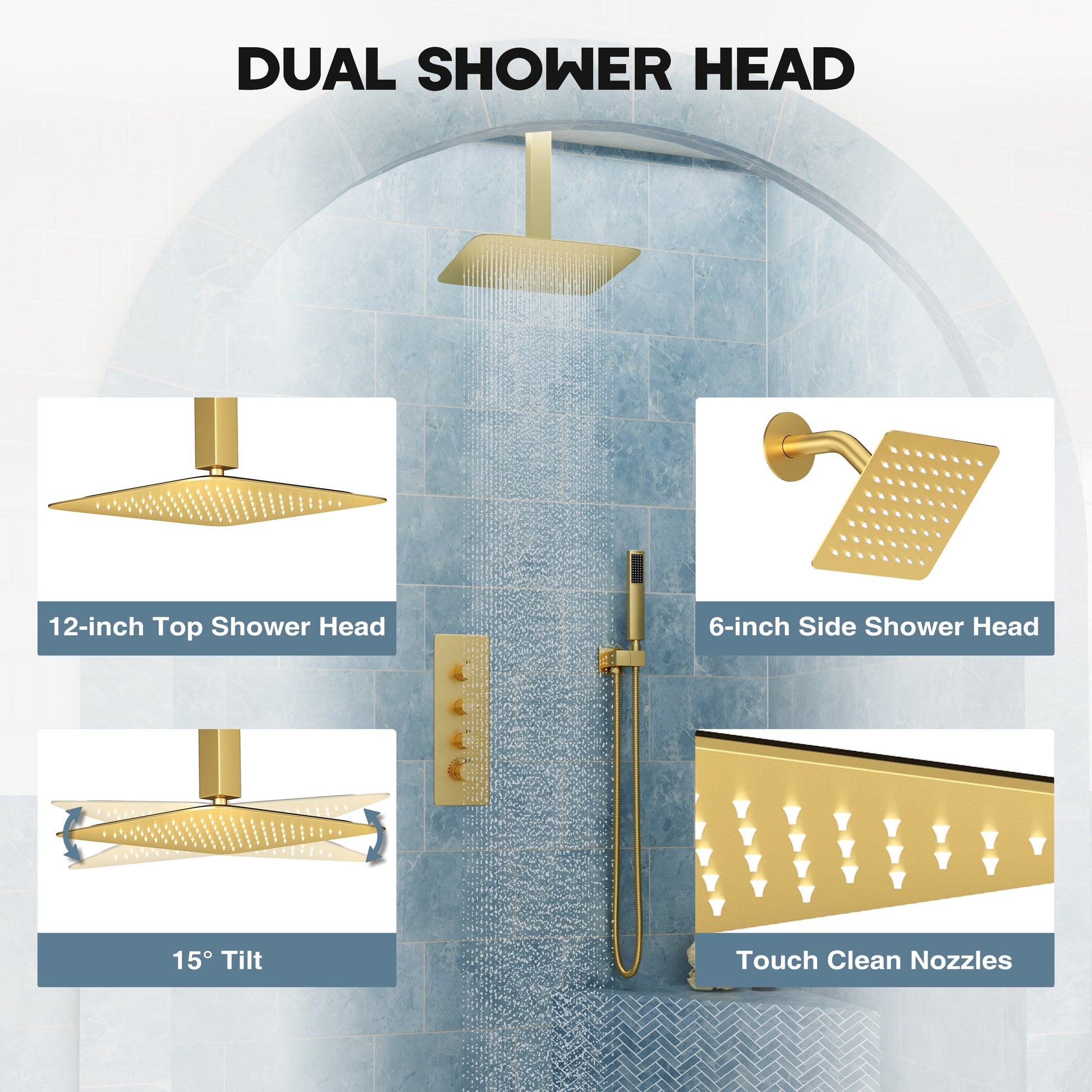 12-inch 3-Function Ceiling Mounted Thermostatic Shower System with Dual Shower Heads