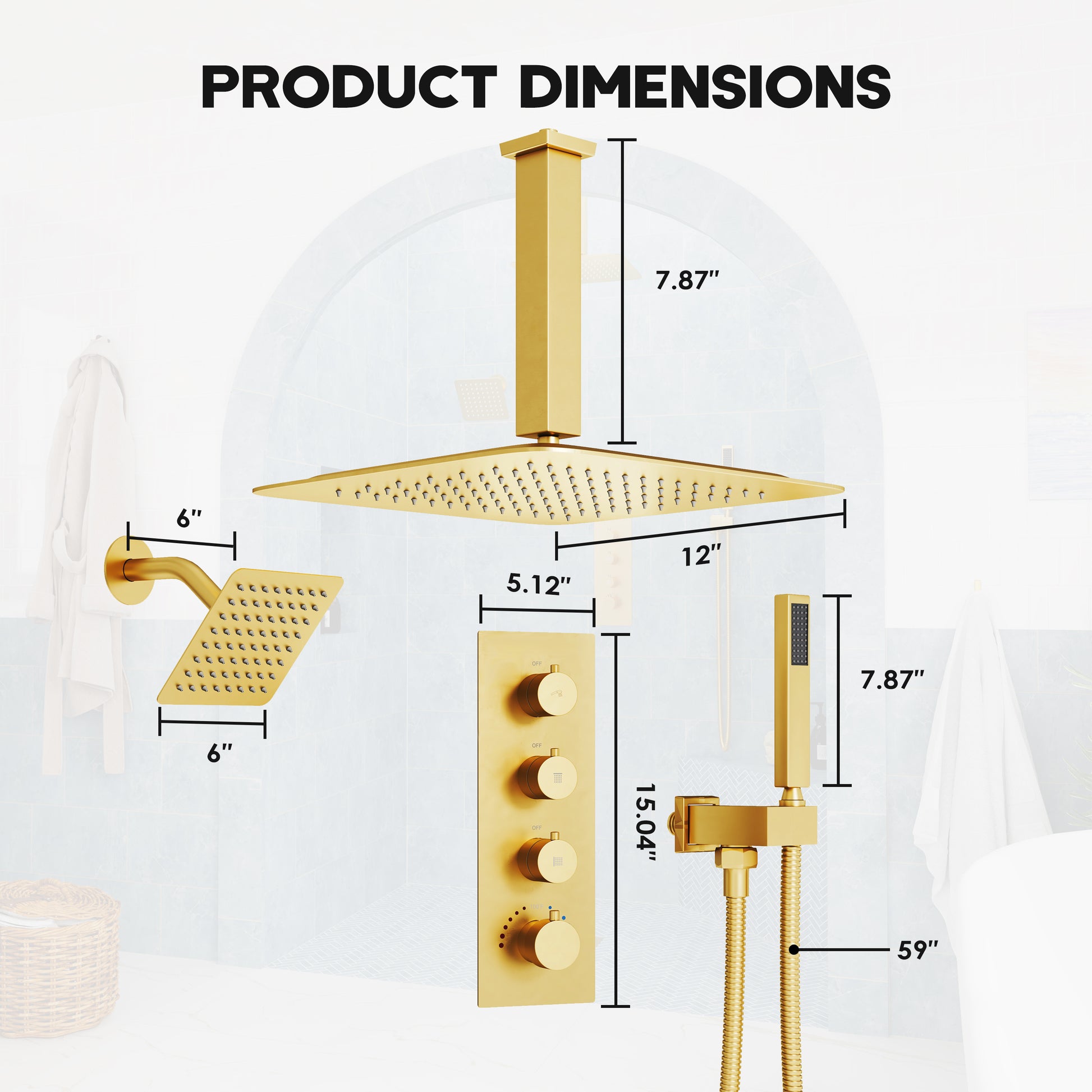 12-inch 3-Function Ceiling Mounted Thermostatic Shower System with Dual Shower Heads