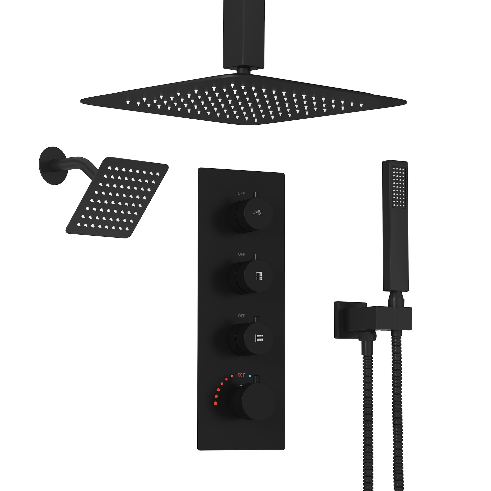 12-inch 3-Function Ceiling Mounted Thermostatic Shower System with Dual Shower Heads