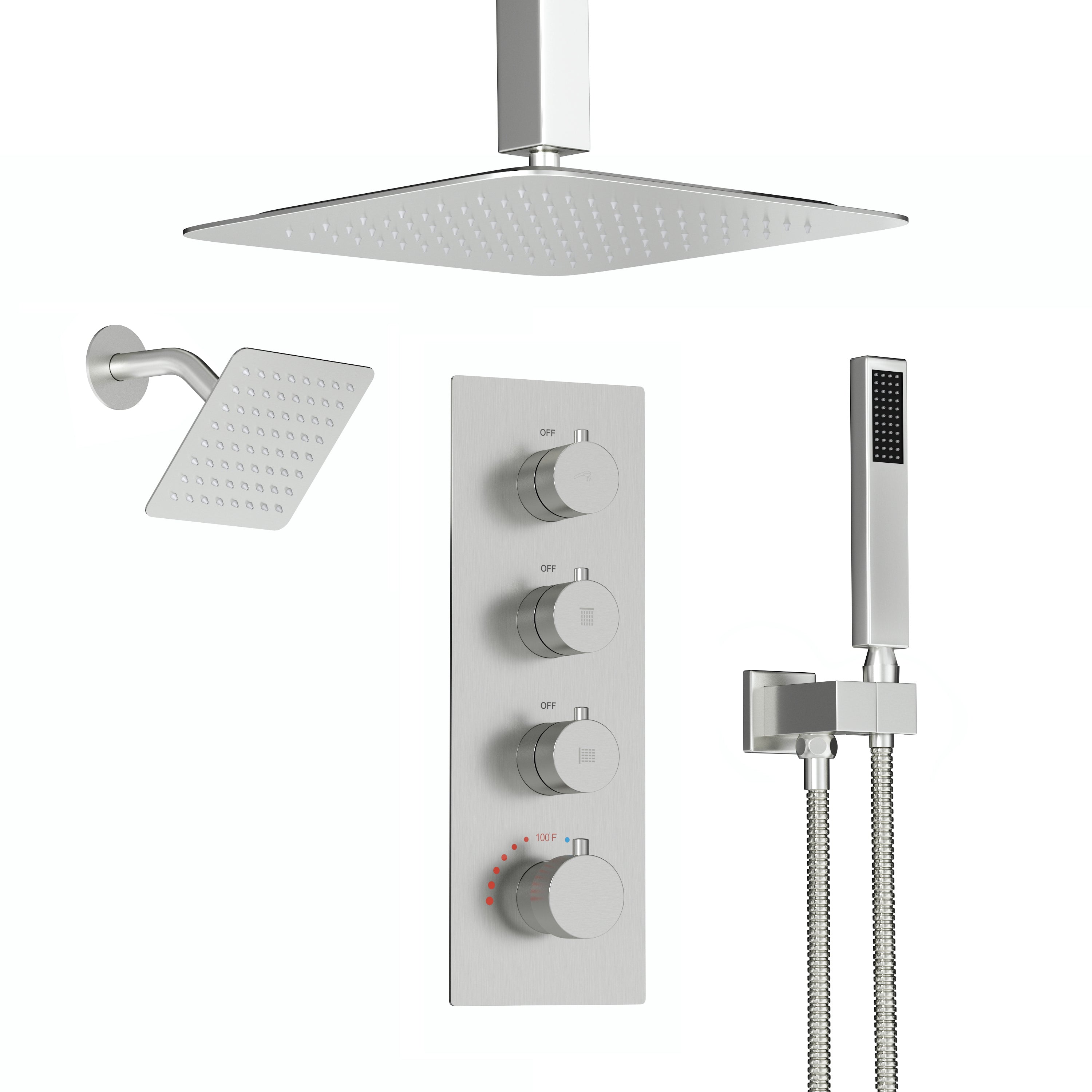 12-inch 3-Function Ceiling Mounted Thermostatic Shower System with Dual Shower Heads