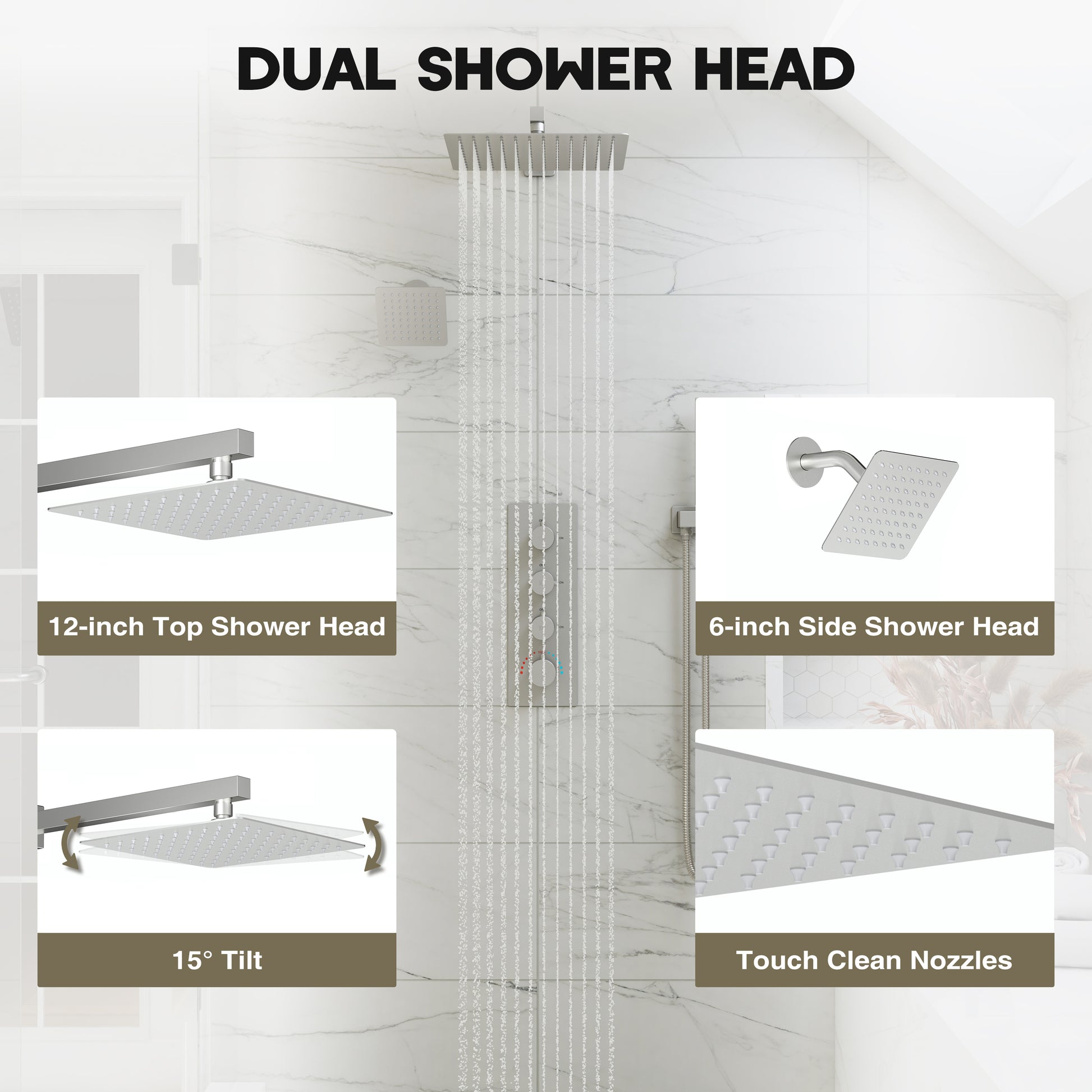 12-inch 3-Function Thermostatic Dual Shower System with Handheld