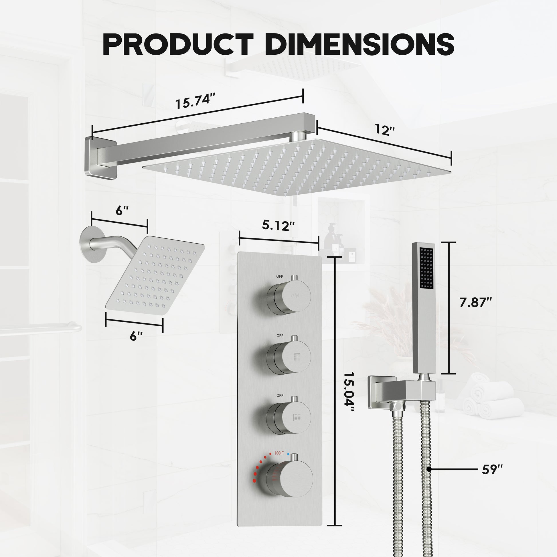 12-inch 3-Function Thermostatic Dual Shower System with Handheld