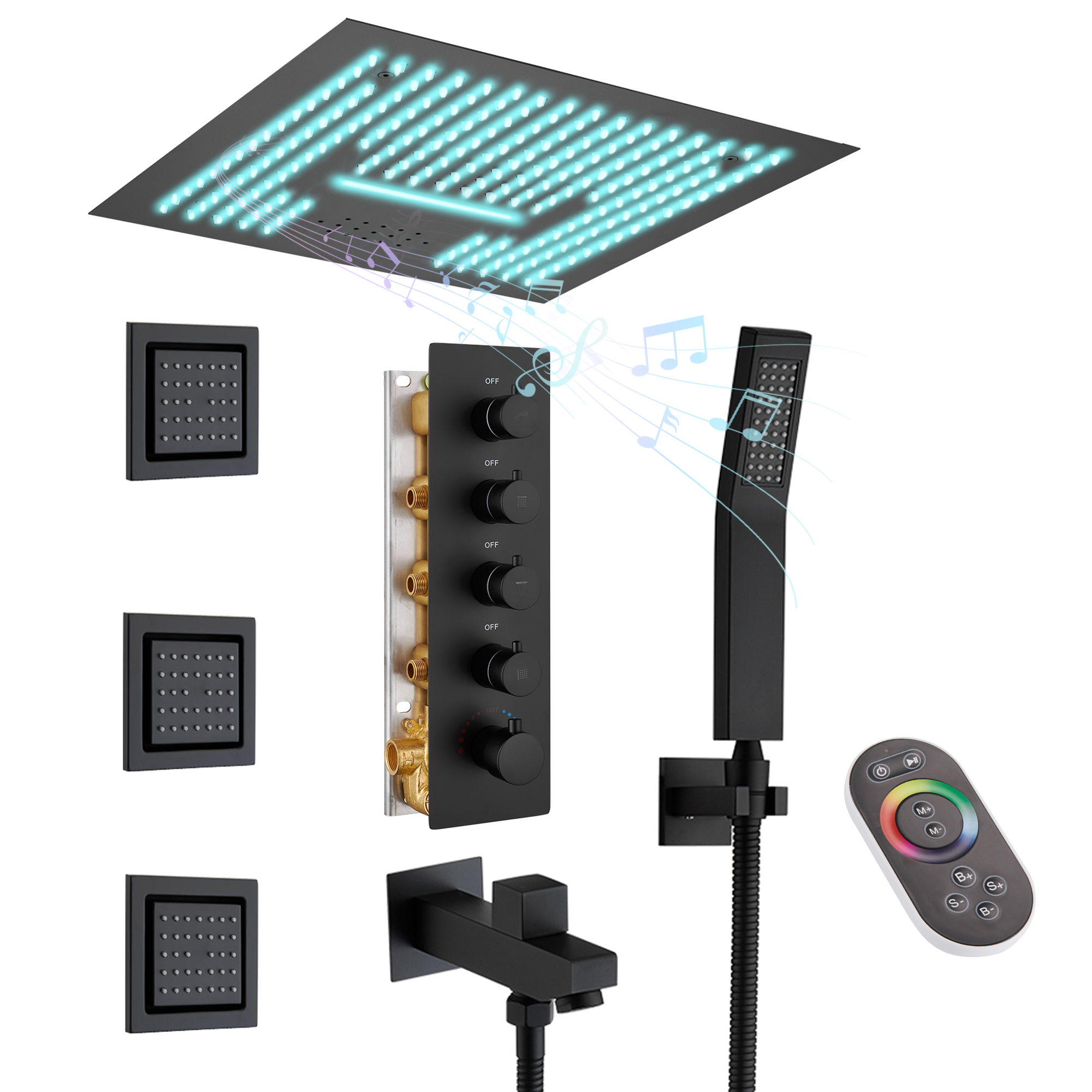 16" Ceiling-Mount 4-Way Shower System with LED Display and Music Player
