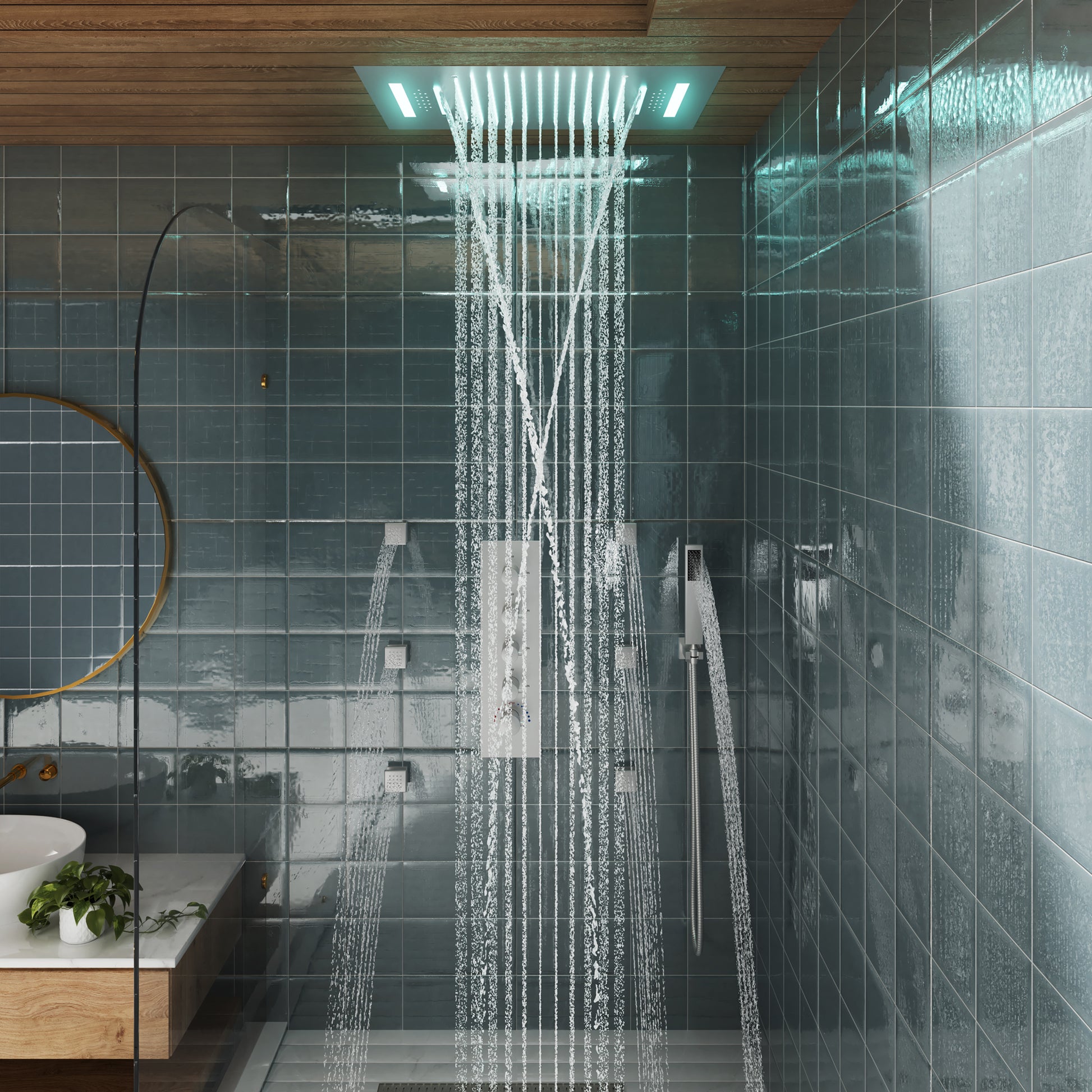 Deluxe 4-Function Thermostatic Shower System with LED Lighting & Bluetooth Music 