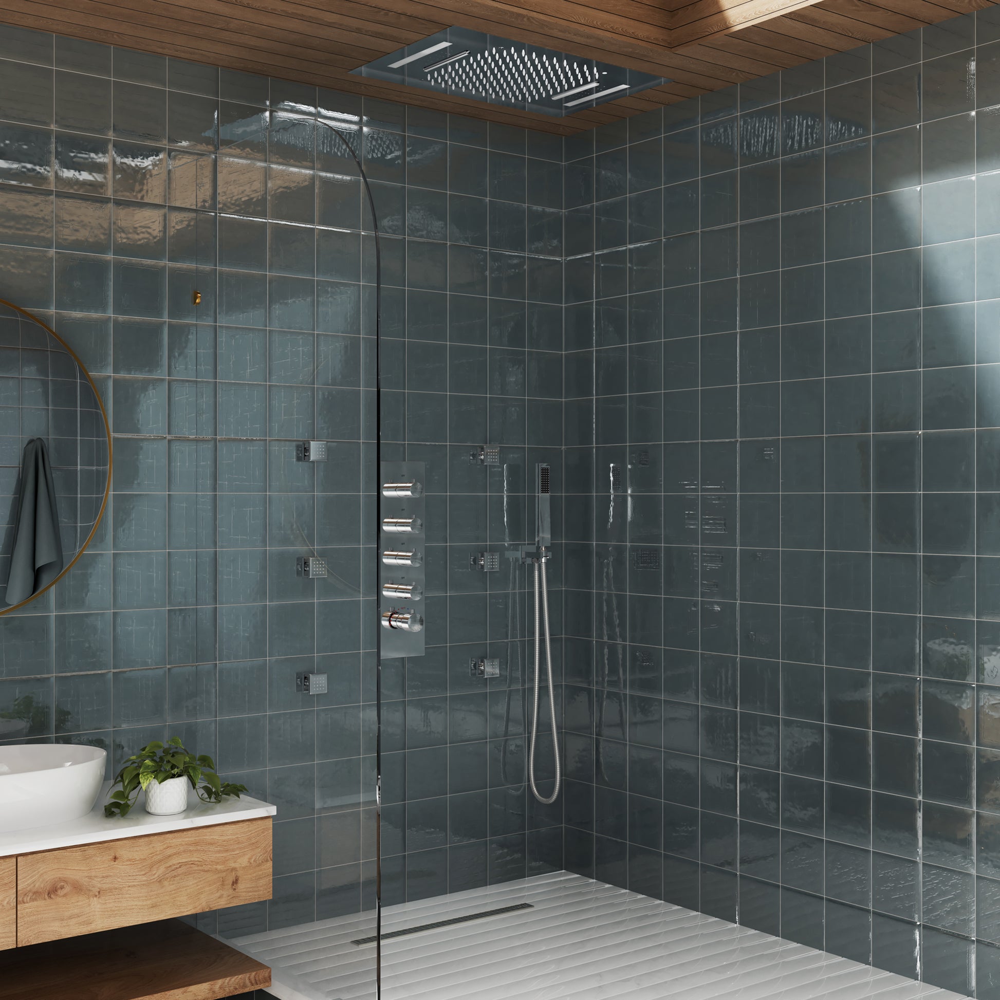 Deluxe 4-Function Thermostatic Shower System with LED Lighting & Bluetooth Music 