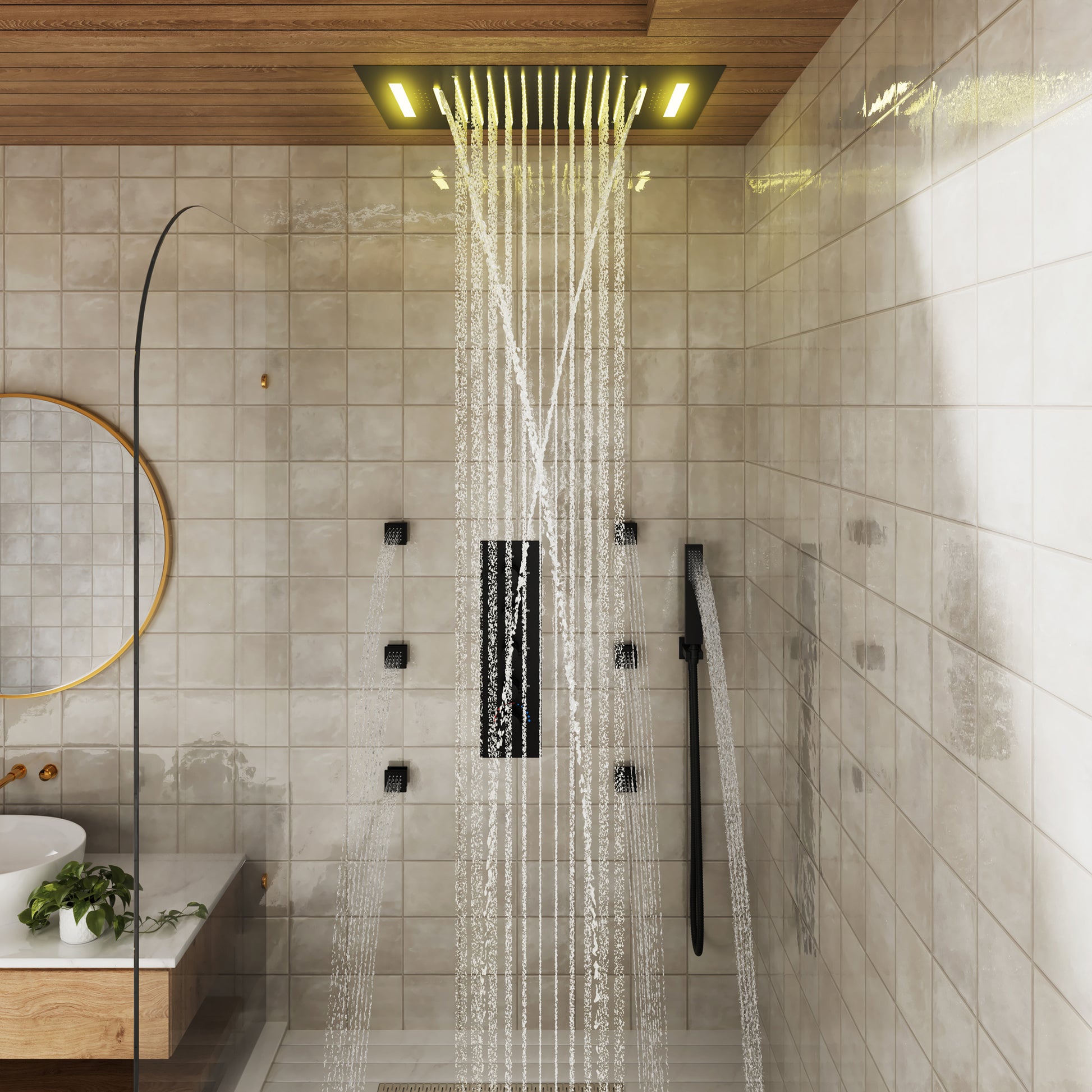 Deluxe 4-Function Thermostatic Shower System with LED Lighting & Bluetooth Music 