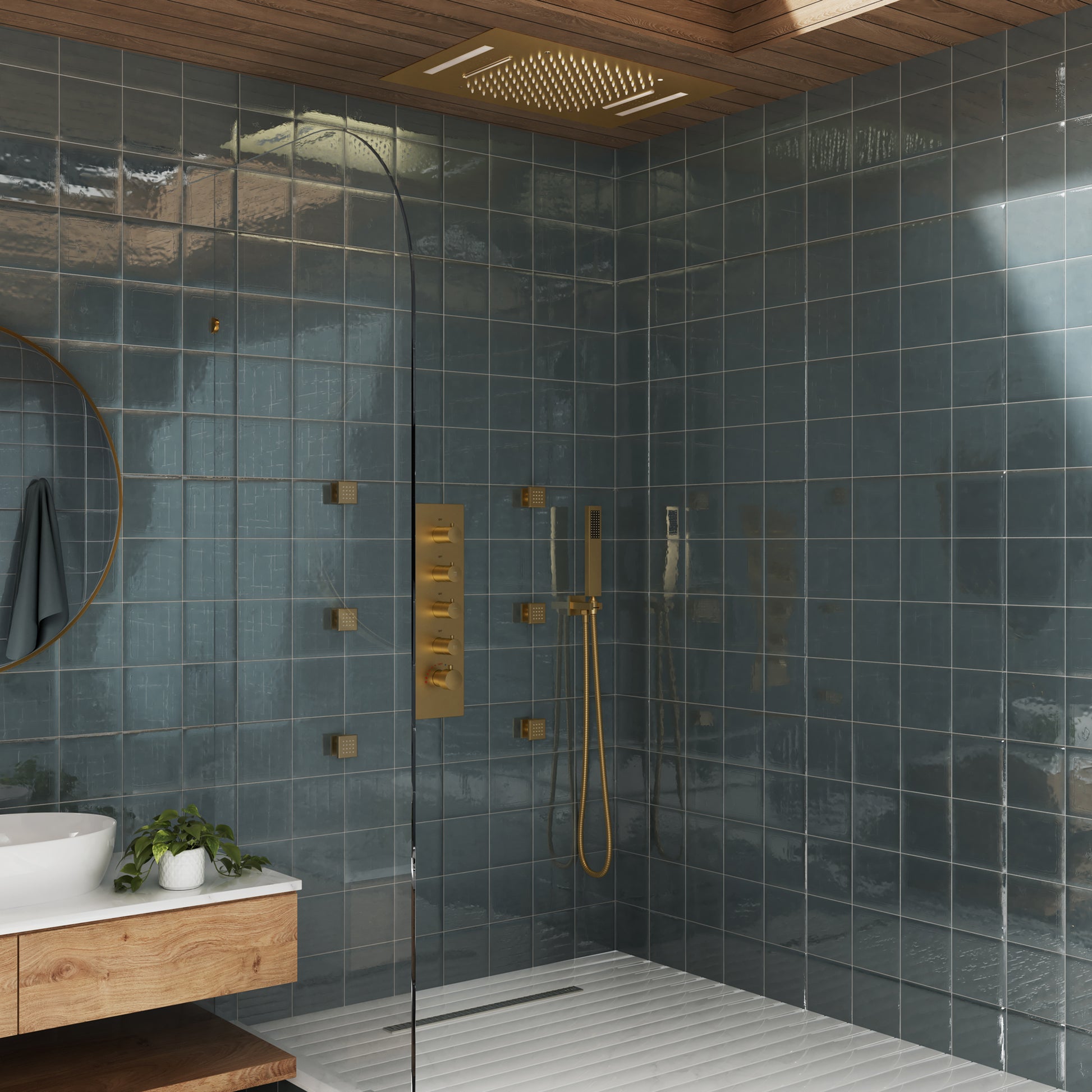 Deluxe 4-Function Thermostatic Shower System with LED Lighting & Bluetooth Music 