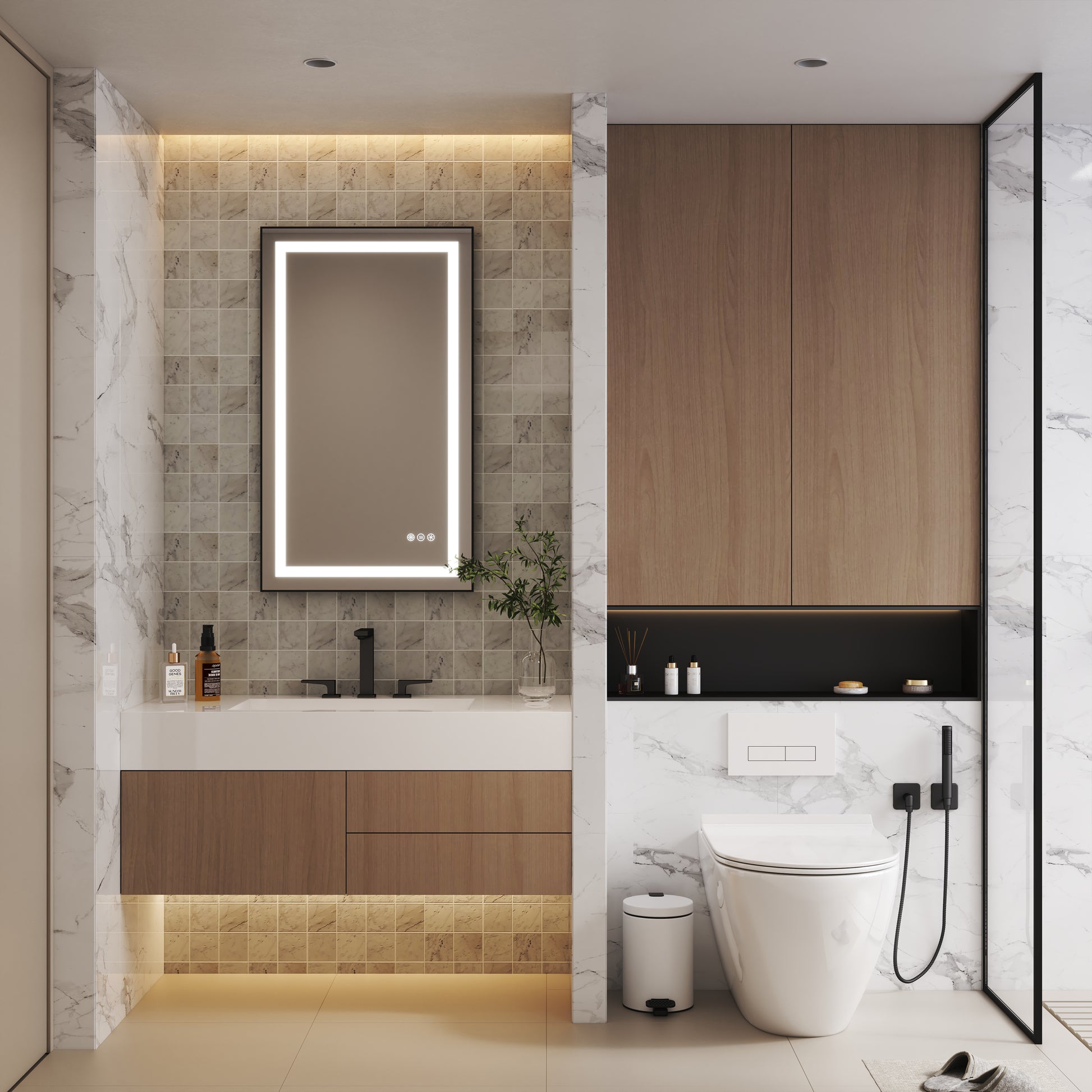 LED Bathroom Mirror with Black Aluminum Frame, Backlit & Front Lighting