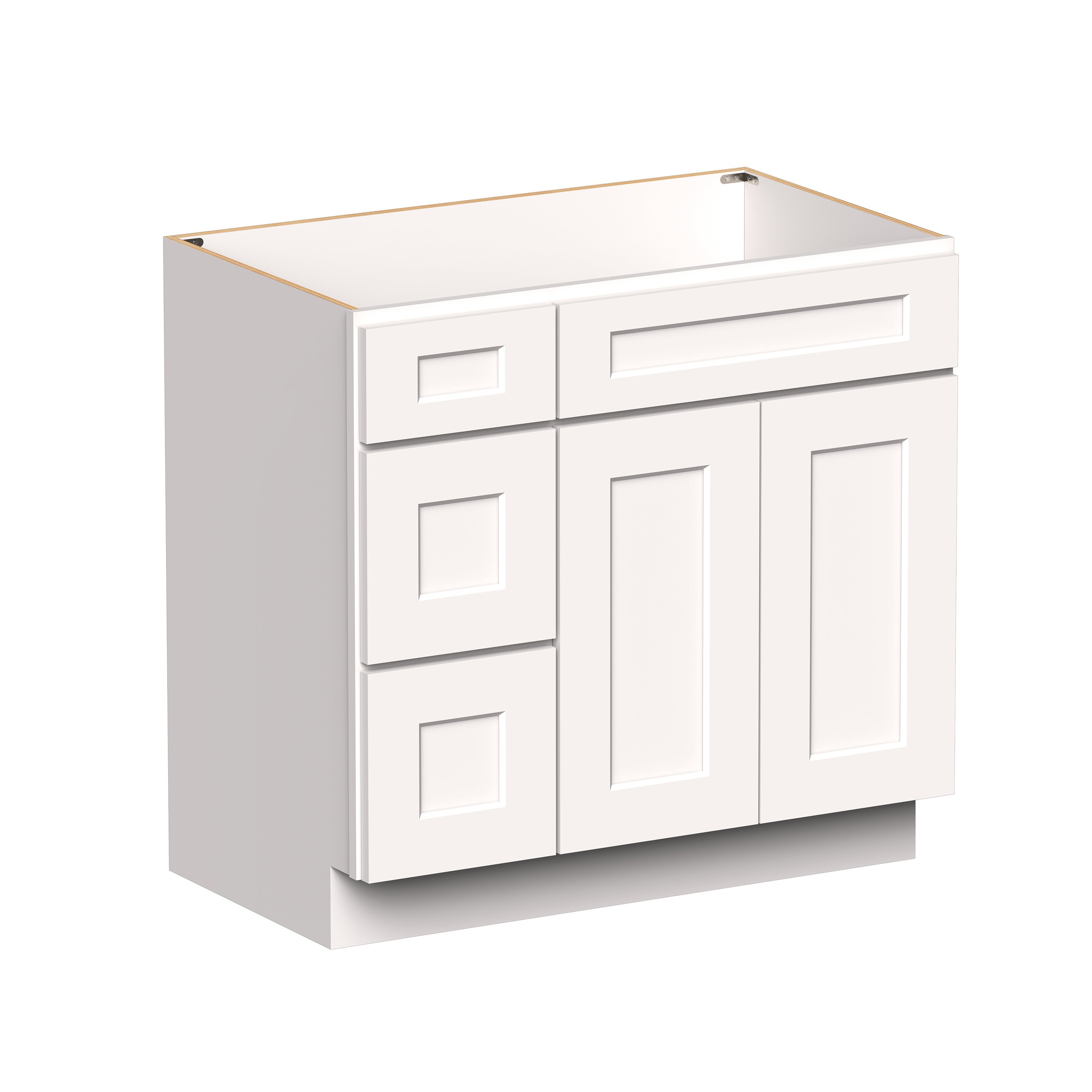 White Shaker RTA 36"W x 21"D x 34.5"H Vanity Base Cabinet with 2 Doors and 2 Left Drawers
