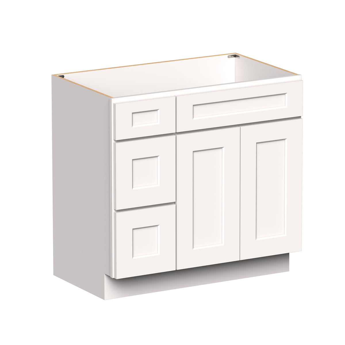 White Shaker RTA 36"W x 21"D x 34.5"H Vanity Base Cabinet with 2 Doors and 2 Left Drawers