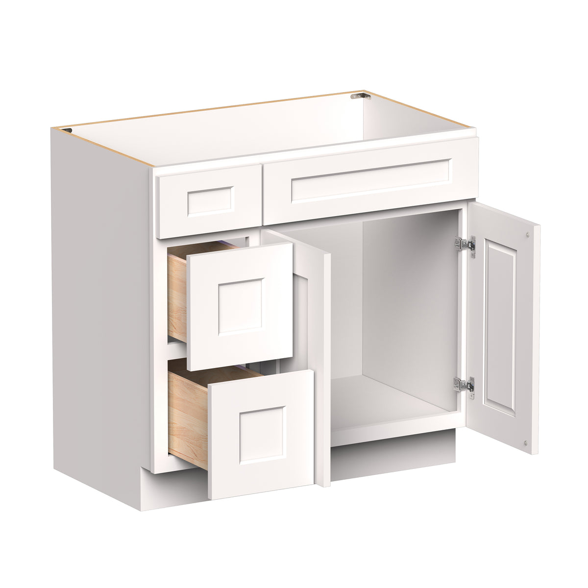 White Shaker RTA 36"W x 21"D x 34.5"H Vanity Base Cabinet with 2 Doors and 2 Left Drawers