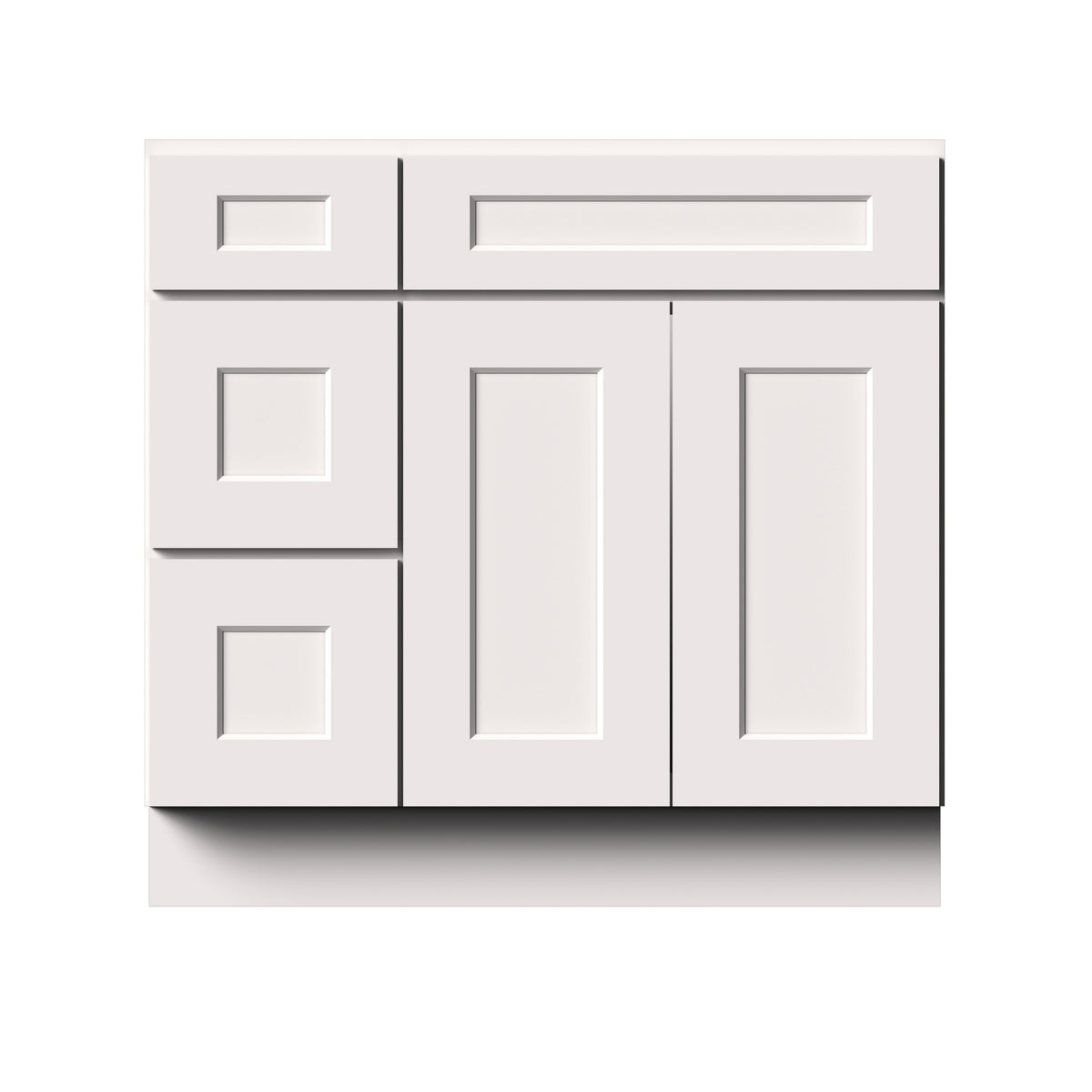 White Shaker RTA 36"W x 21"D x 34.5"H Vanity Base Cabinet with 2 Doors and 2 Left Drawers