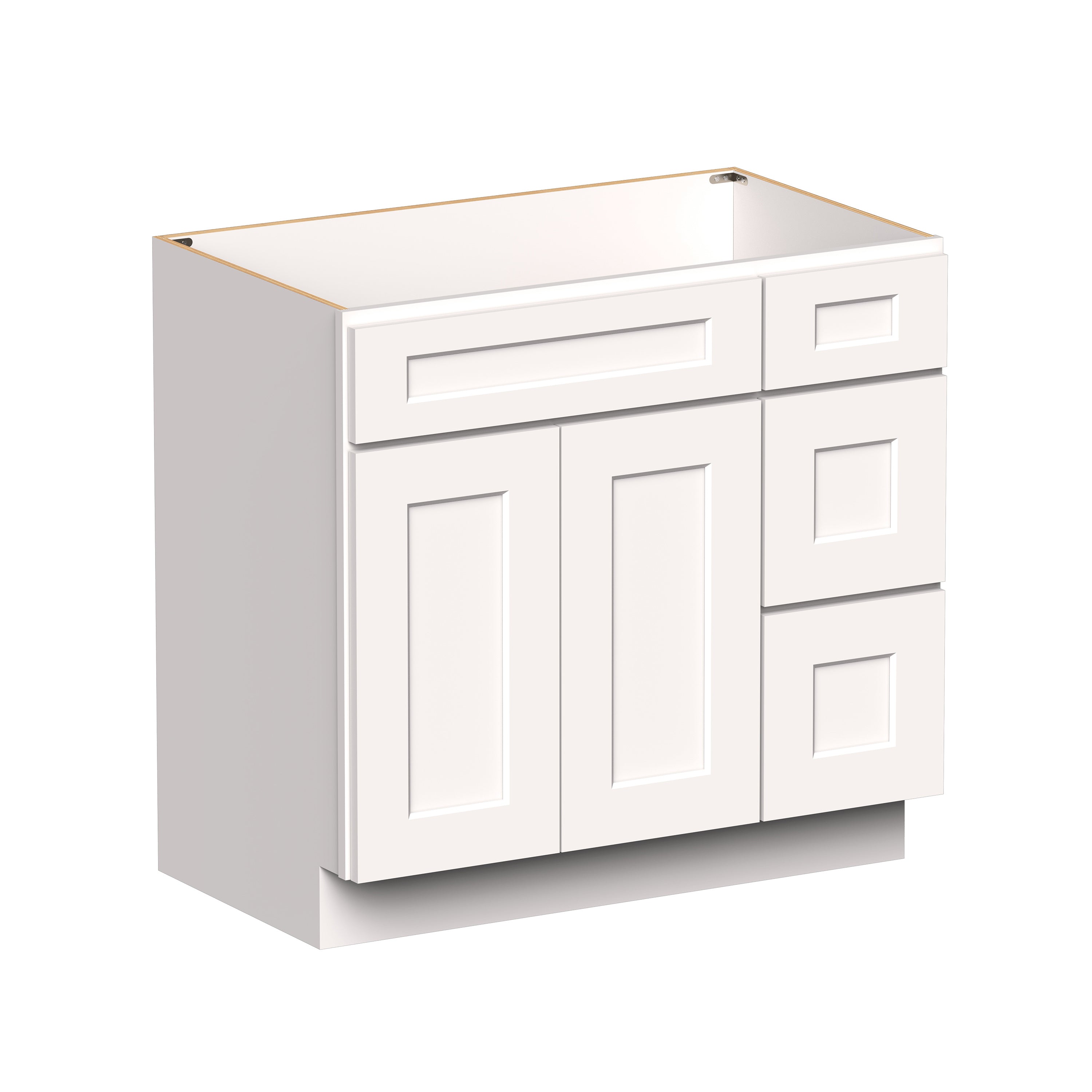 White Shaker RTA 36"W x 21"D x 34.5"H Vanity Base Cabinet with 2 Doors and 2 Right Drawers