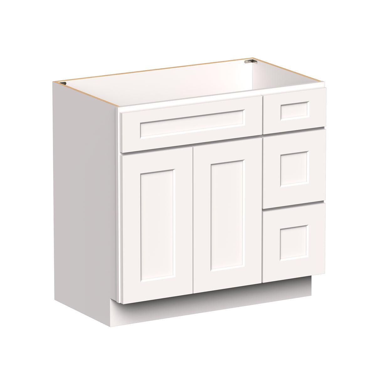 White Shaker RTA 36"W x 21"D x 34.5"H Vanity Base Cabinet with 2 Doors and 2 Right Drawers