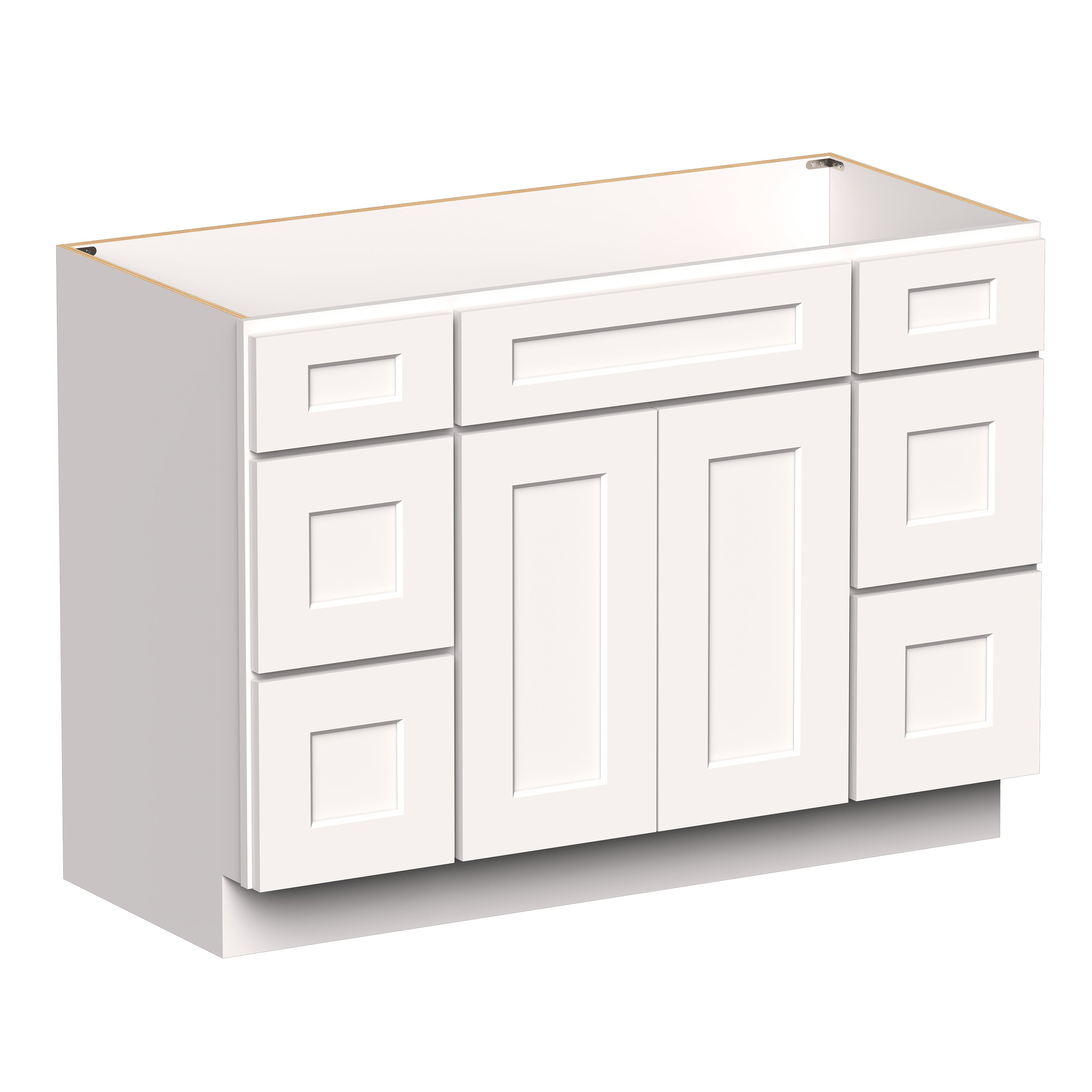 White Shaker RTA 48"W x 21"D x 34.5"H Vanity Base Cabinet with 2 Doors and 6 Drawers