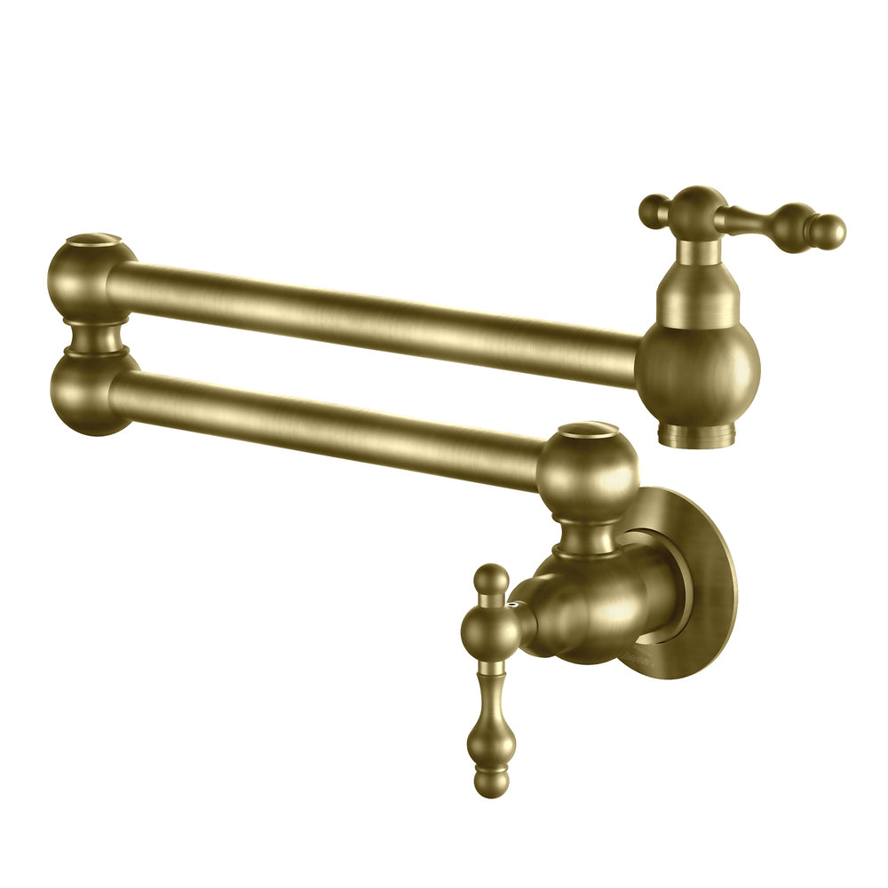 Wall Mounted Pot Filler Faucet with Double Handles, 360° Rotatable Folding Spout, Solid Brass Construction, Anti-Splash Aerator