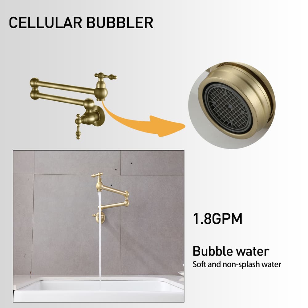 Wall Mounted Pot Filler Faucet with Double Handles, 360° Rotatable Folding Spout, Solid Brass Construction, Anti-Splash Aerator