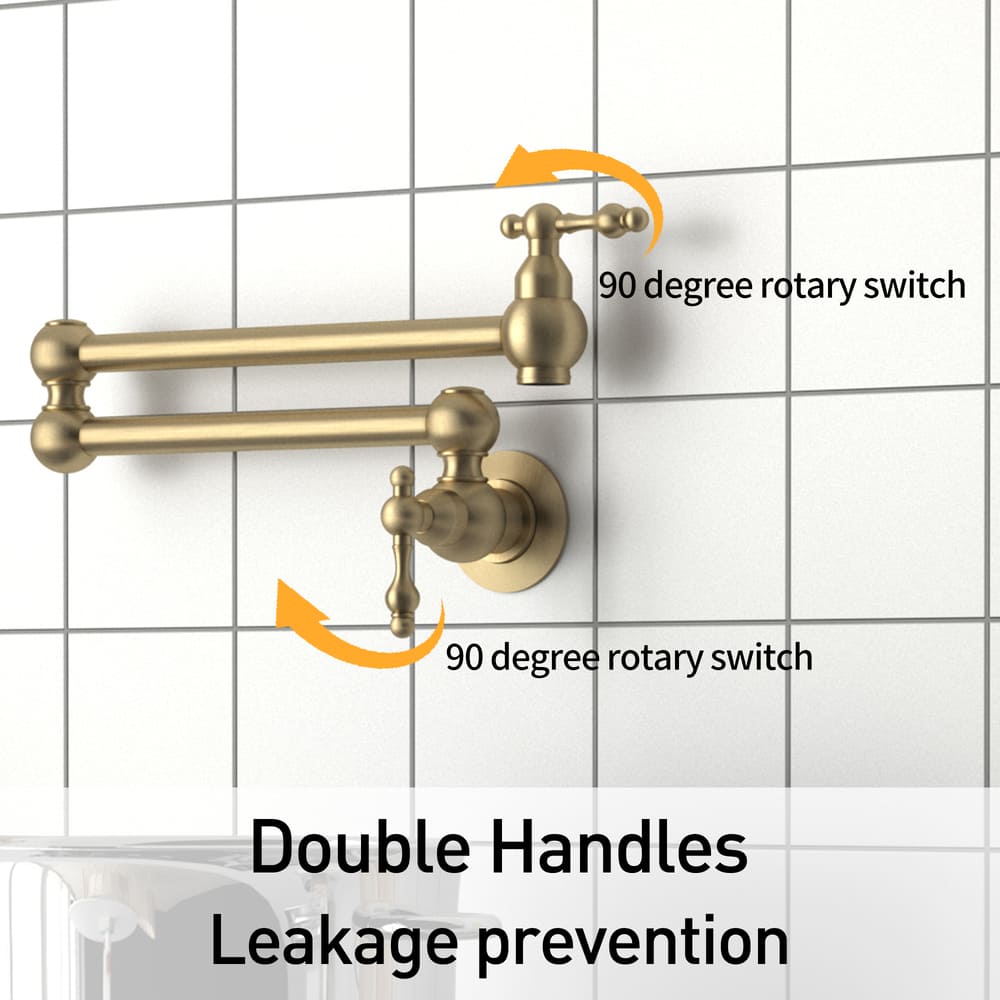 Wall Mounted Pot Filler Faucet with Double Handles, 360° Rotatable Folding Spout, Solid Brass Construction, Anti-Splash Aerator