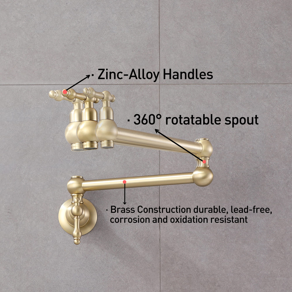 Wall Mounted Pot Filler Faucet with Double Handles, 360° Rotatable Folding Spout, Solid Brass Construction, Anti-Splash Aerator