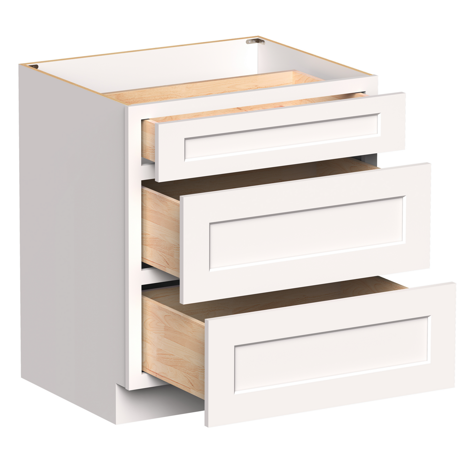White RTA 30"W x 24"D x 34.5"H Drawer Base Cabinets with 3 Drawers