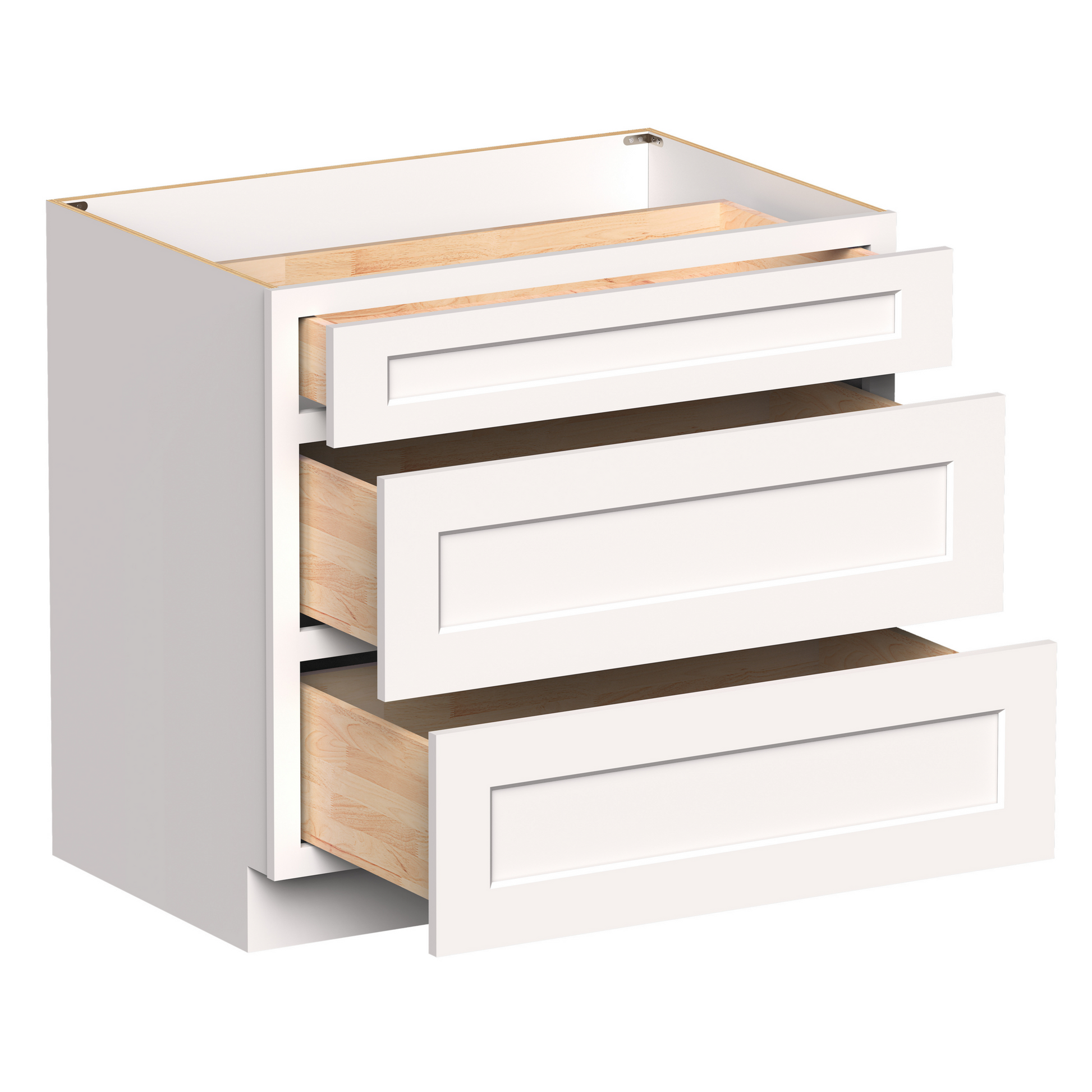 White RTA 36"W x 24"D x 34.5"H Drawer Base Cabinets with 3 Drawers