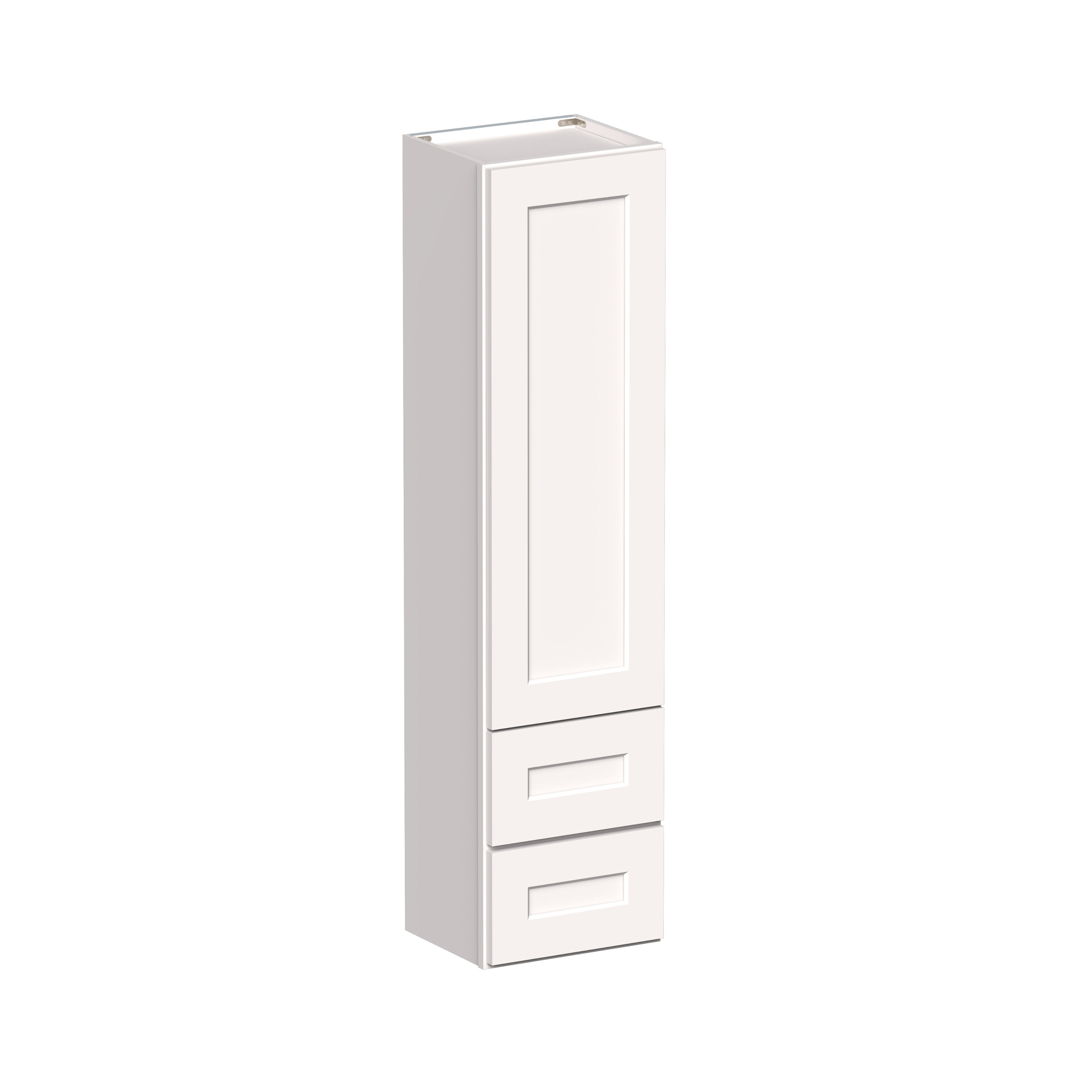White Shaker RTA 15"W x 12"D x 60"H Counter Linen Cabinets with 1 Door, 2 Drawers and 4 Shelves