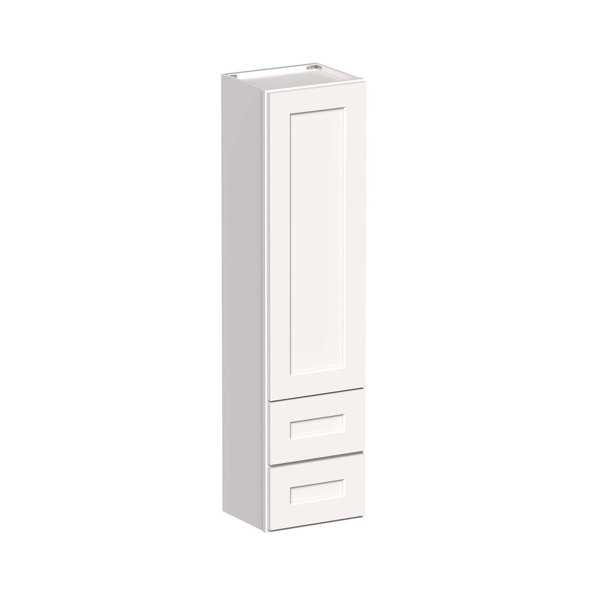 White Shaker RTA 15"W x 12"D x 60"H Counter Linen Cabinets with 1 Door, 2 Drawers and 4 Shelves