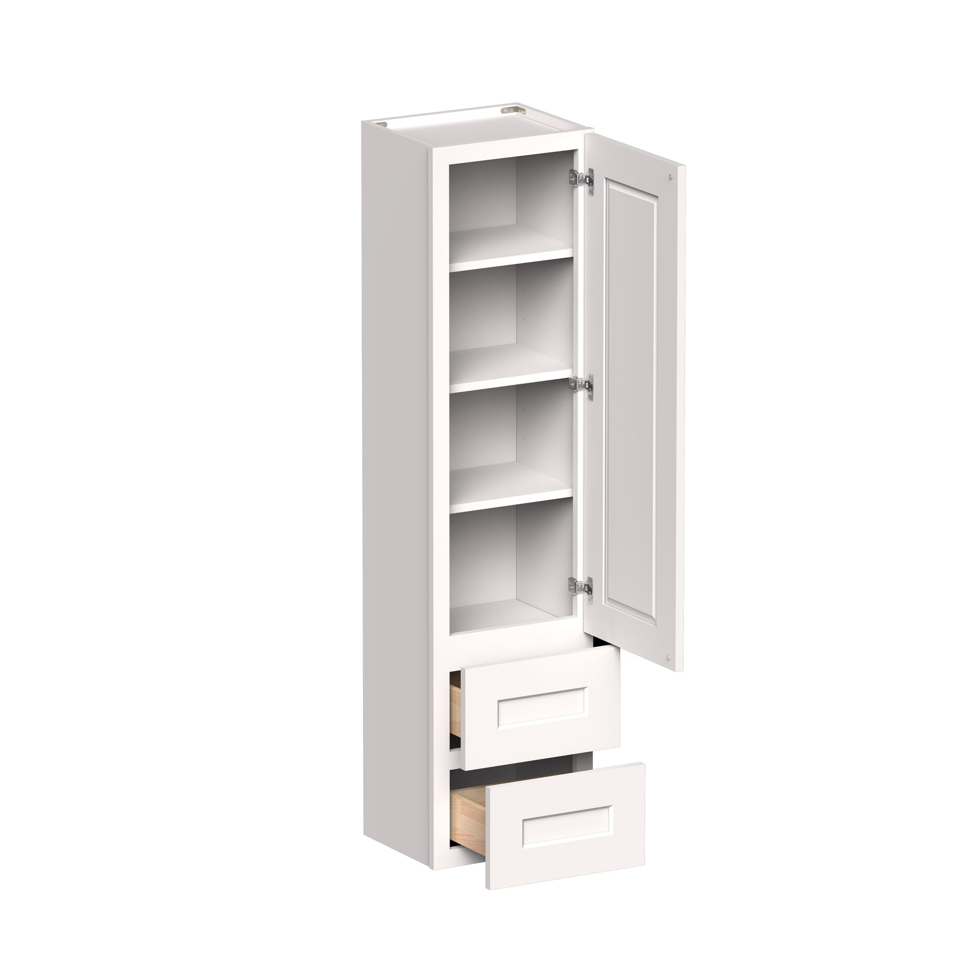 White Shaker RTA 15"W x 12"D x 60"H Counter Linen Cabinets with 1 Door, 2 Drawers and 4 Shelves