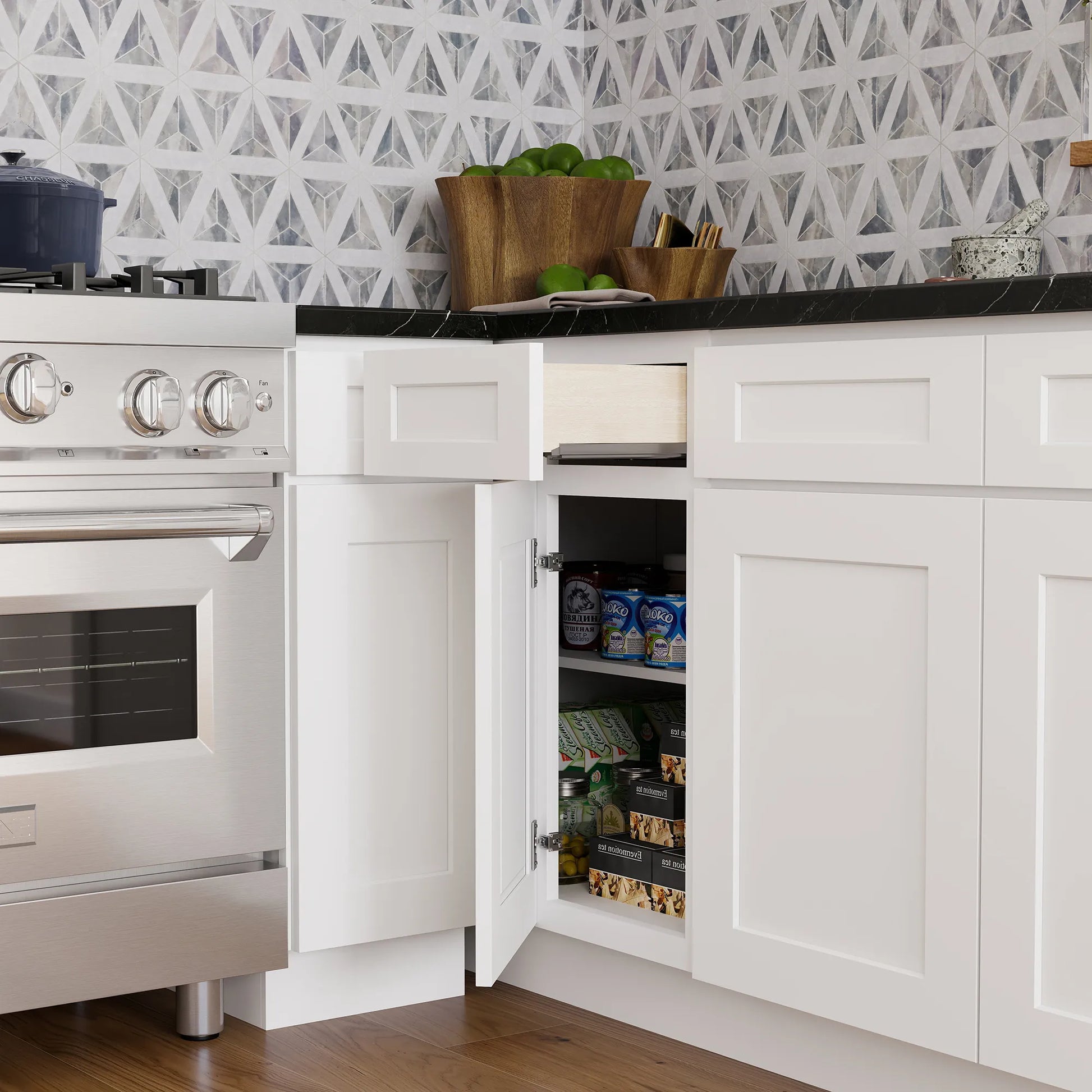 White Shaker RTA 33"W x 24"D x 34.5"H Blind Corner Base Cabinet with 1 Drawer and 1 Door
