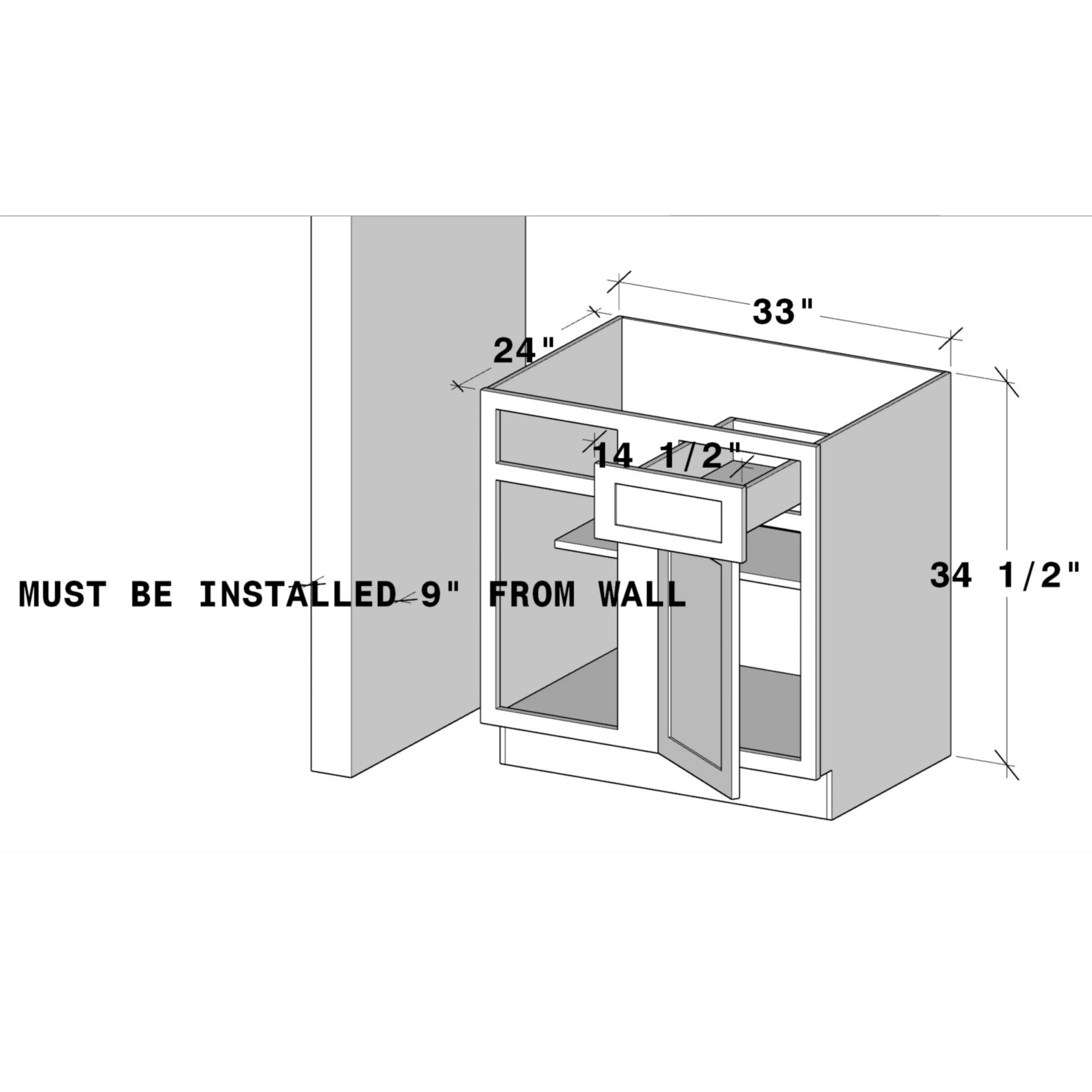 White Shaker RTA 33"W x 24"D x 34.5"H Blind Corner Base Cabinet with 1 Drawer and 1 Door