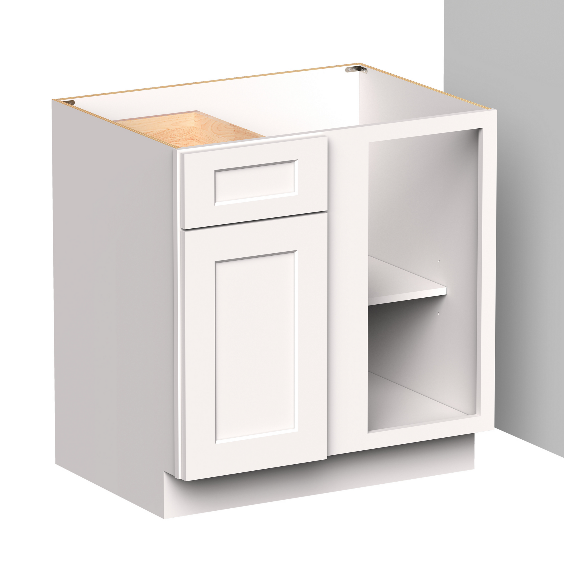 White Shaker RTA 33"W x 24"D x 34.5"H Corner Base Cabinets (Blind Corner Bases) with 1 Door, 1 Drawer and 1 Shelves