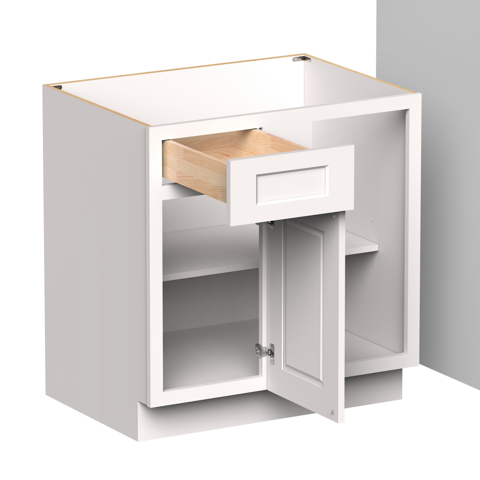 White Shaker RTA 33"W x 24"D x 34.5"H Corner Base Cabinets (Blind Corner Bases) with 1 Door, 1 Drawer and 1 Shelves