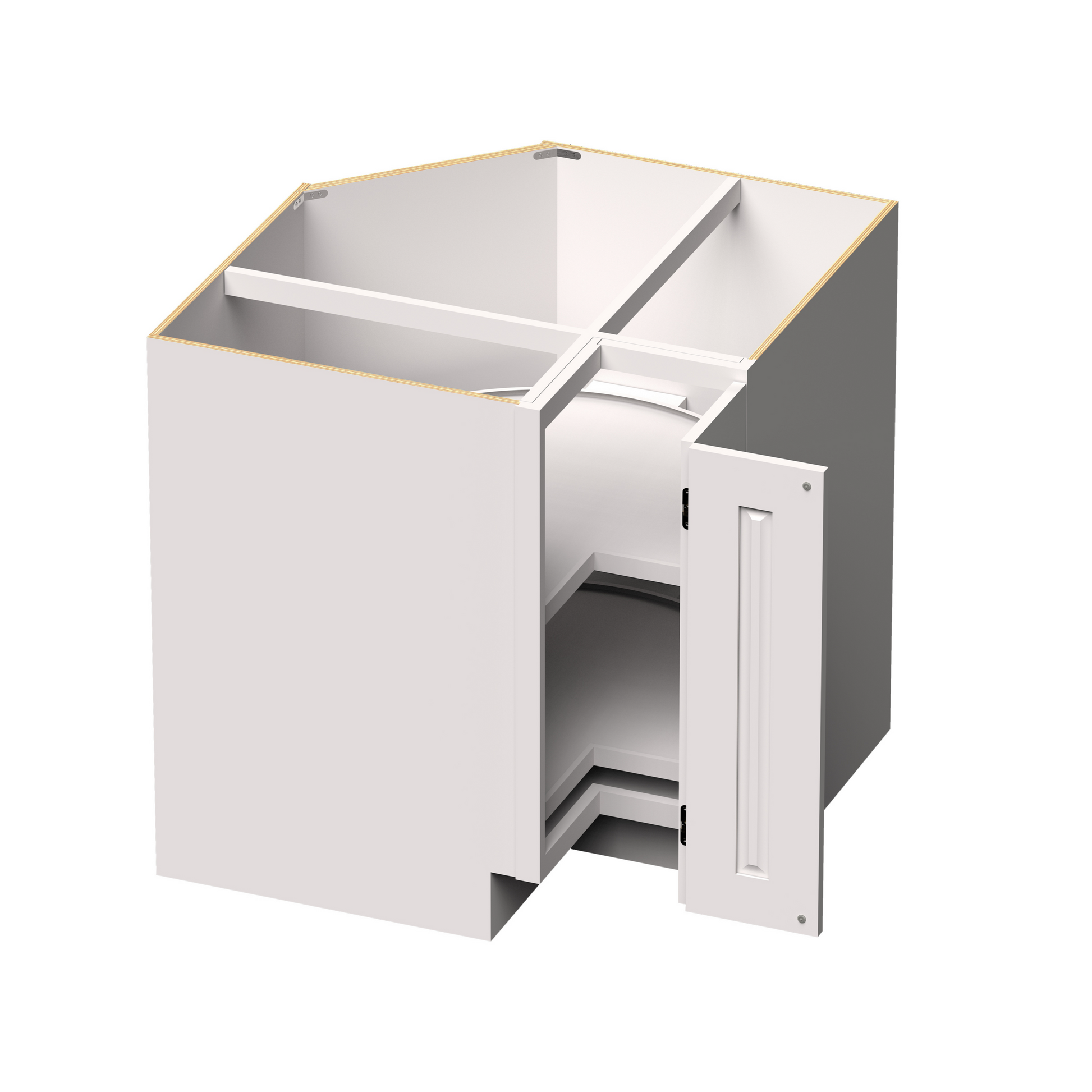 White Shaker RTA 33"W x 24"D x 34.5"H Corner Base Cabinets (Lazy Susan Base) with 1 (Bifold) Door and 2 (Turntables) Shelves