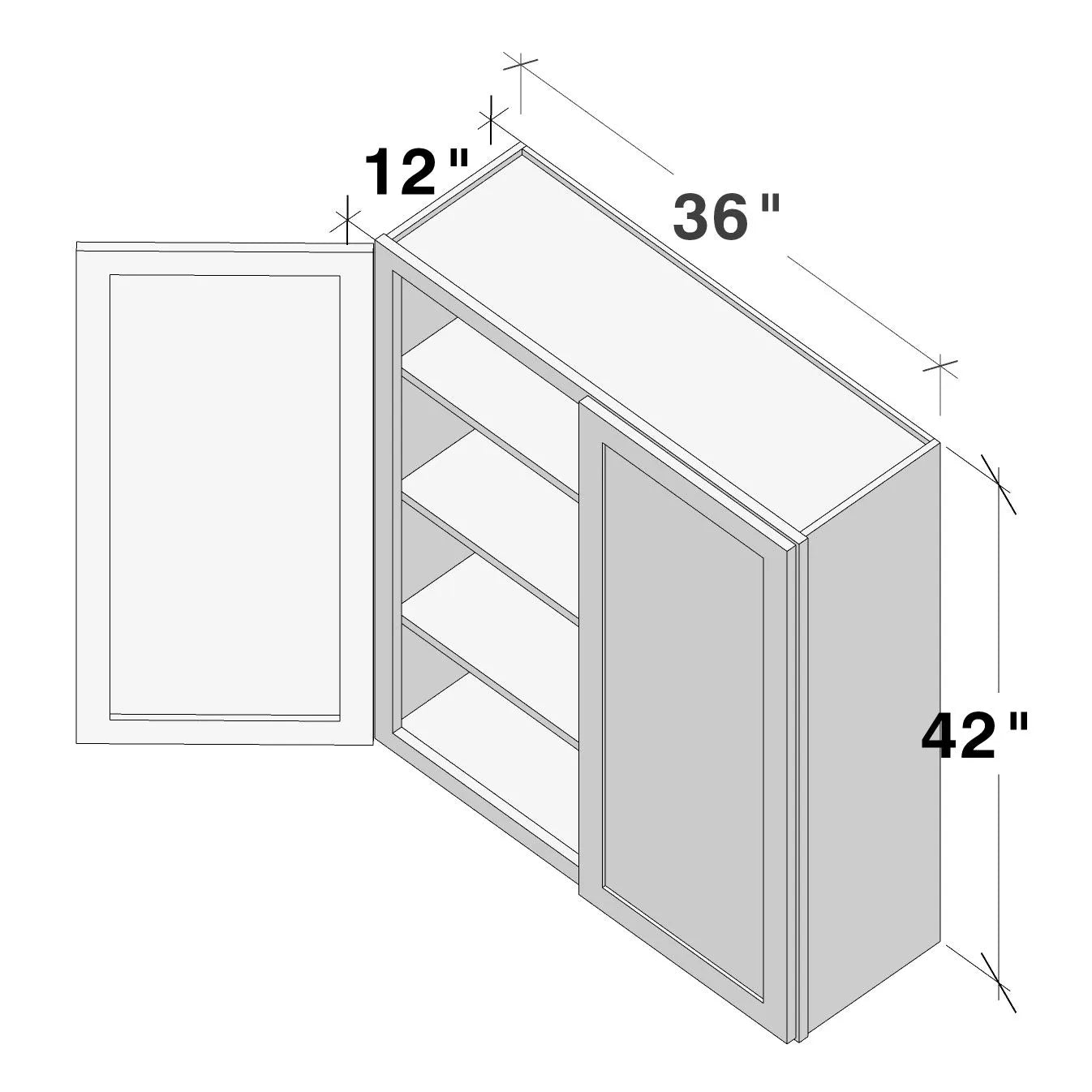 White Shaker RTA 36"W x 12"D x 42"H Standard Wall Cabinet with 2 Doors and 3 Shelves